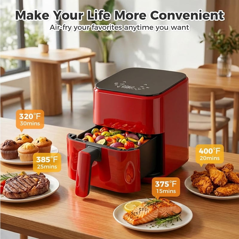 Simenmax 3QT Air Fryer – Compact Digital Personal Air Fryer with 400°F Max Temp, Overheat Protection & Auto Shut-Off, Red