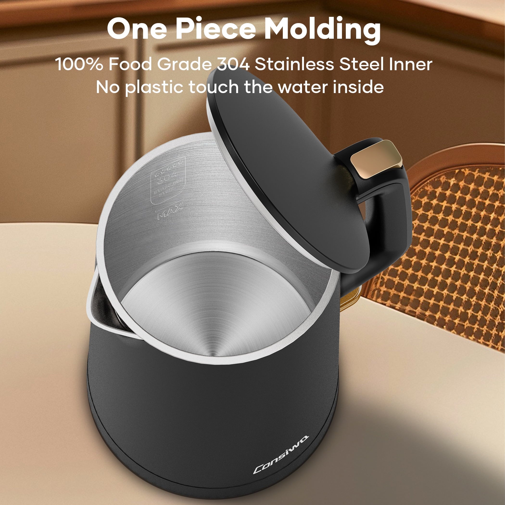 Consiwa Electric Kettle, Double Wall 1.7L Stainless Steel Cool Touch, Water Boiler & Heater, 1500W Hot Tea Pot, Black