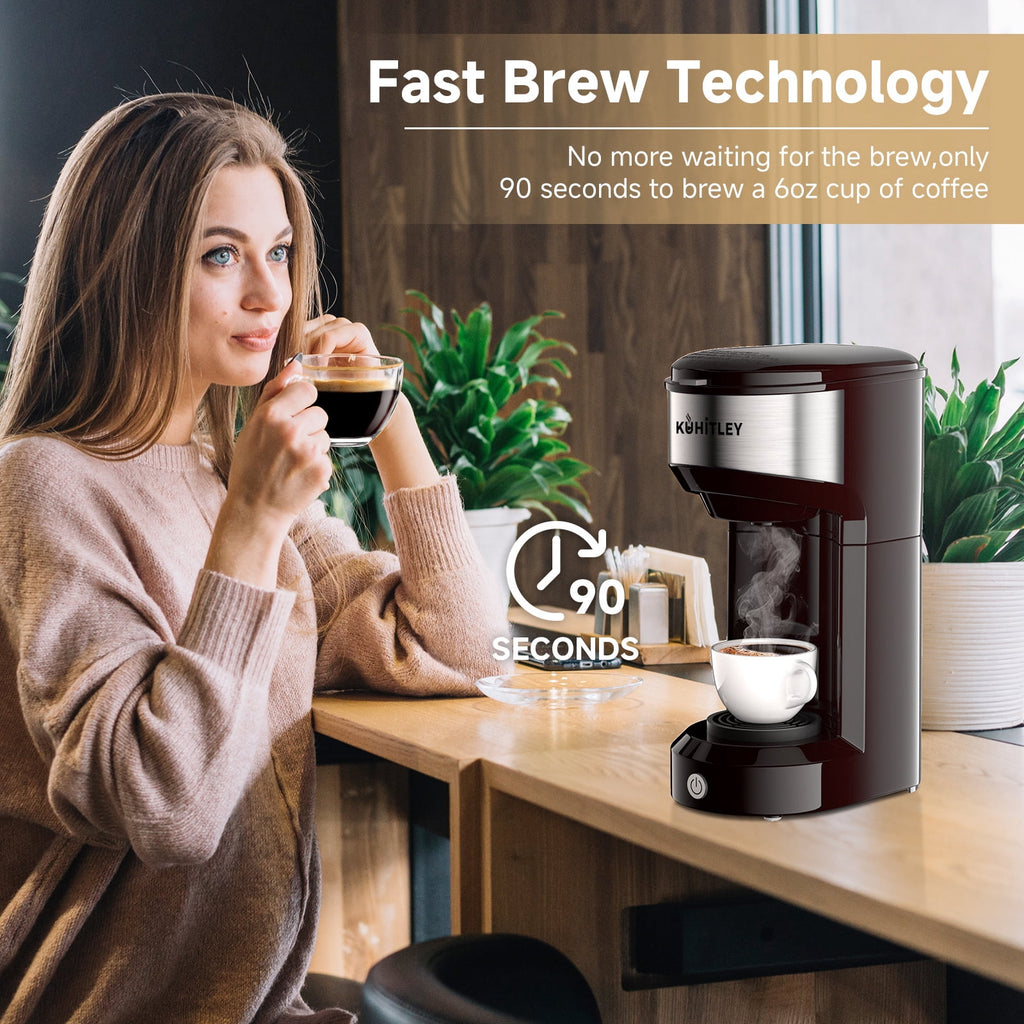 MINI Single Serve Coffee Maker,Instant Coffee Maker One Cup for K Cup & Ground Coffee,Portable Capsule Coffee Machine with 6 to 14oz Reservoir,90 Seconds Fast Brewing and One Button Operation