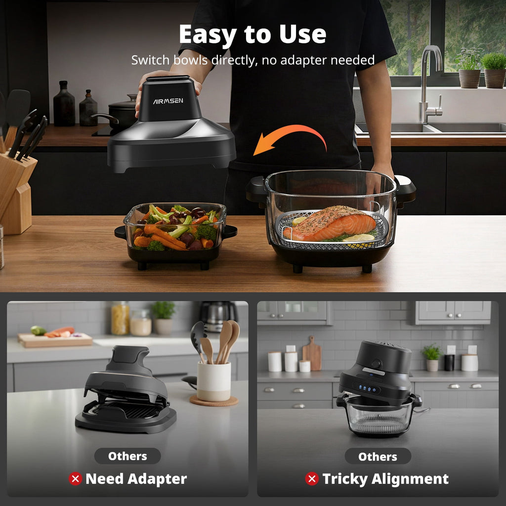AIRMSEN Portable Glass Air Fryer, 4.8QT & 1.3QT Non-Toxic Glass Bowls, Max 450°F, 4 Preset Modes with Adjustable Time & Temp, Dishwasher-Safe, 1500W