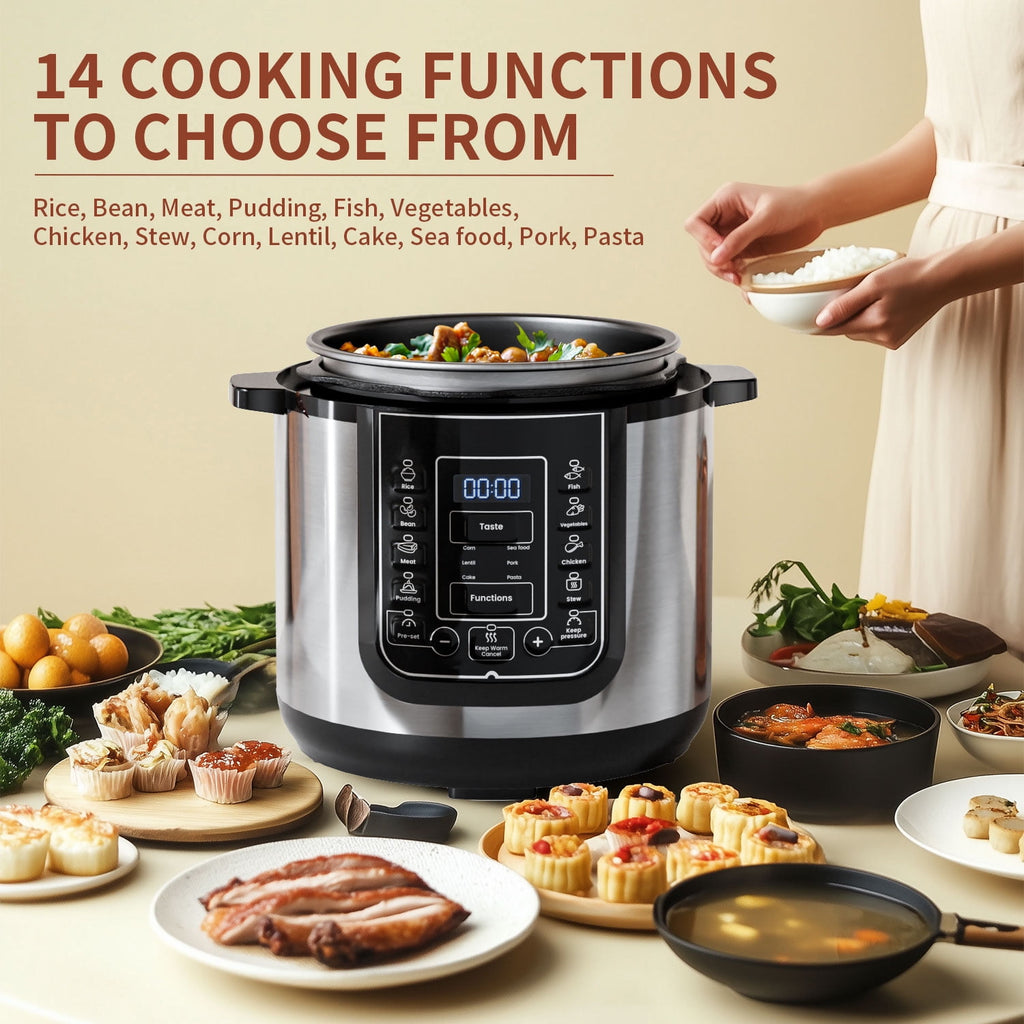 TINANA 6 Qt Electric Pressure Cooker 9-in-1, 14 Presets Instant Multi-Function Pot, Slow Cooker, Rice Cooker, Cake Maker, Non-Stick, Stainless Steel