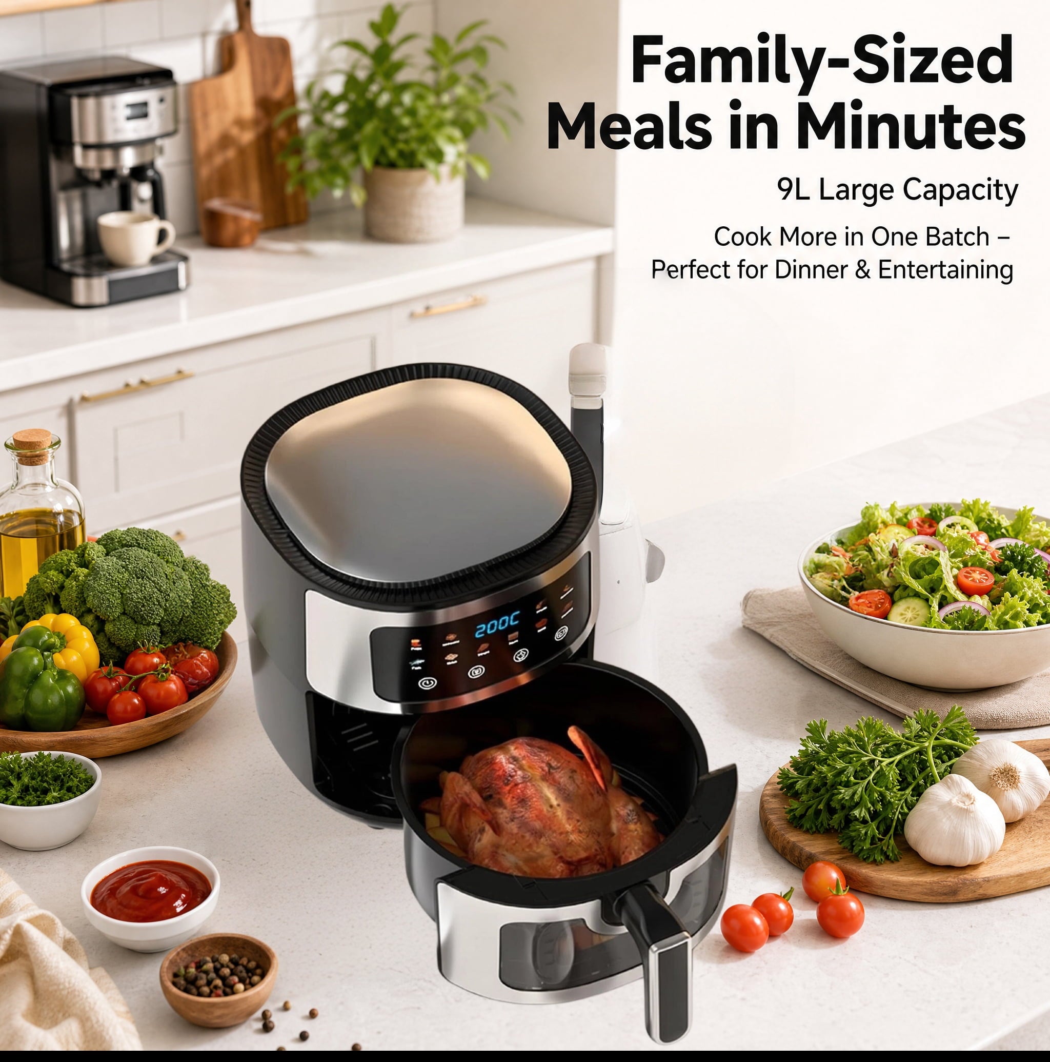 Asoricing Air Fryer, Compact Airfryer for Quick & Easy Meals in Minutes, Touchscreen Controls, Nonstick, 1500W, 9L, Black