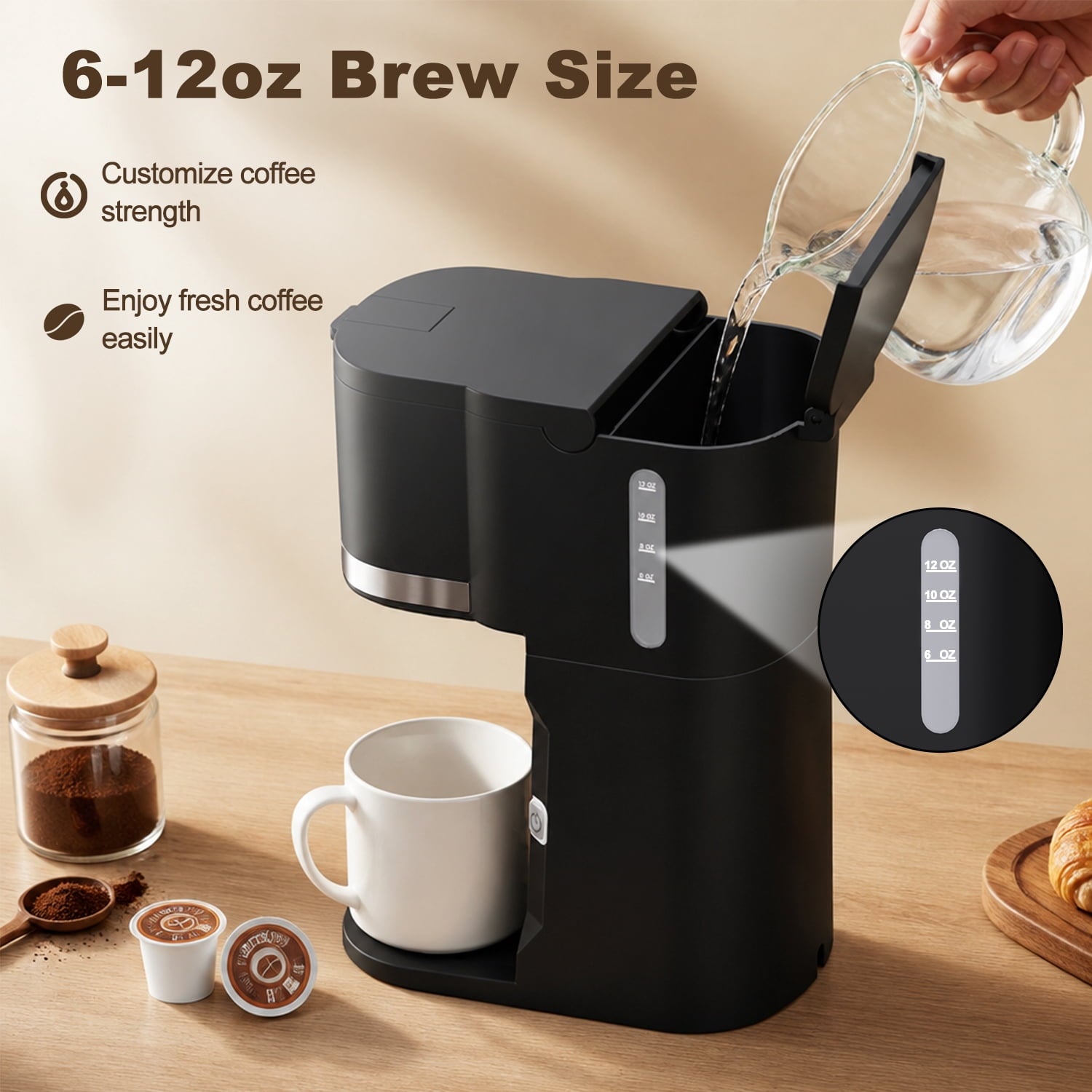 Bluebow Single Serve Coffee Maker, 6-12oz Brew Size for K Cup Pod & Ground Coffee& Tea, Fast Brew One Cup Small Coffee Machine  for Home and Travel, Black