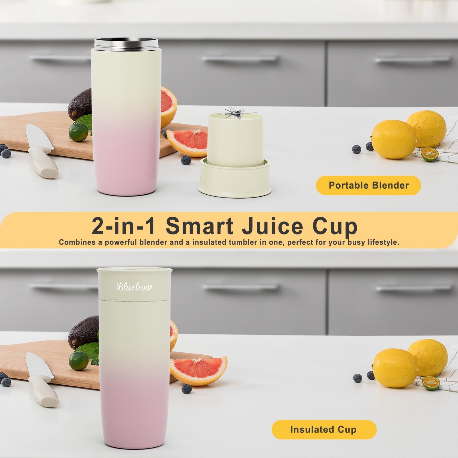 Bluebow Portable Blender for Shakes and Smoothies, Personal Size Blender with Insulated Cup, Cordless 17oz, USB-C Rechargeable, Travel