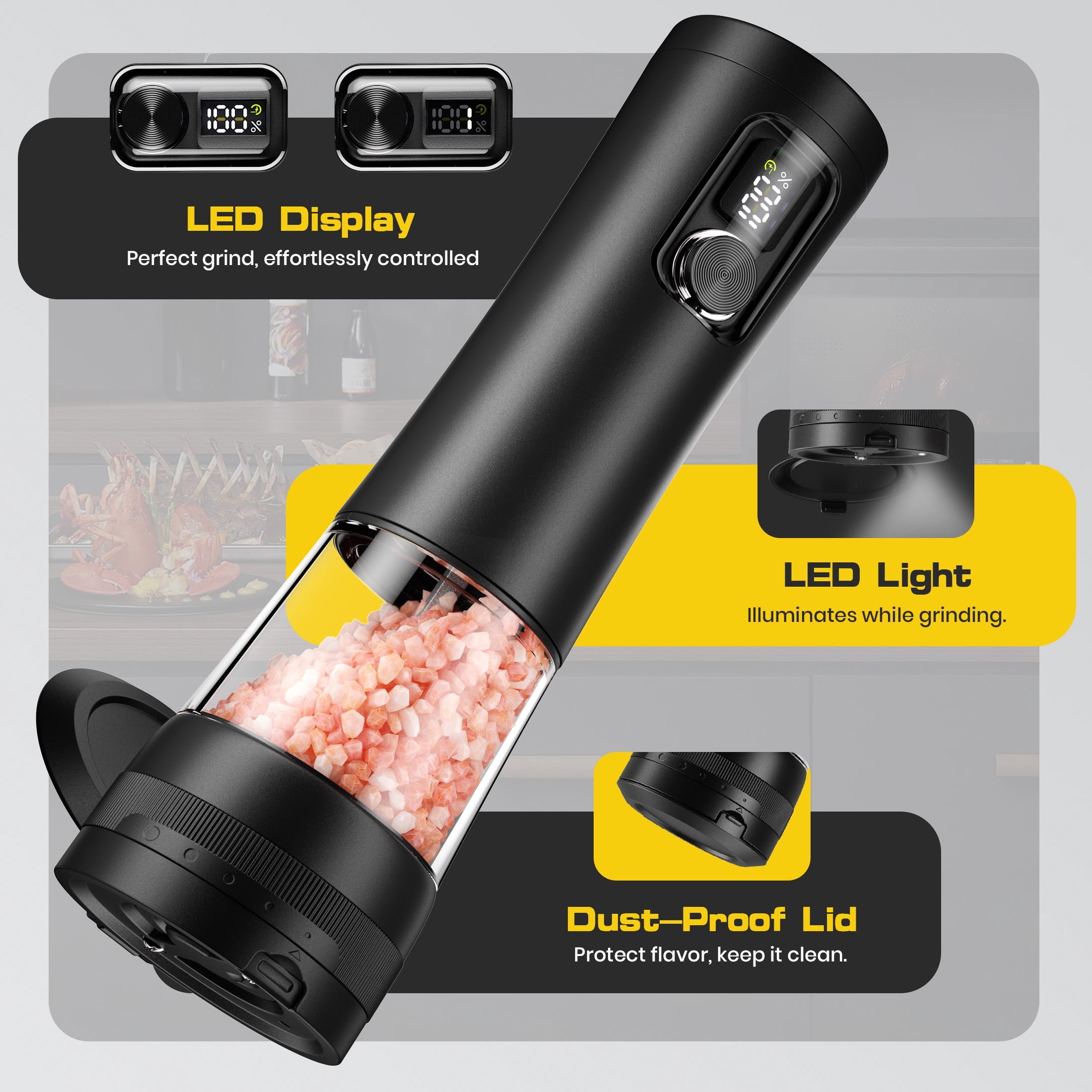 Moreblue Electric Salt and Pepper Grinder Set , Automatic Rechargeable Salt and Pepper Shaker with LED Battery Display & USB‑C Charging Base, Pepper Mill for Kitchen, Dining & Camping