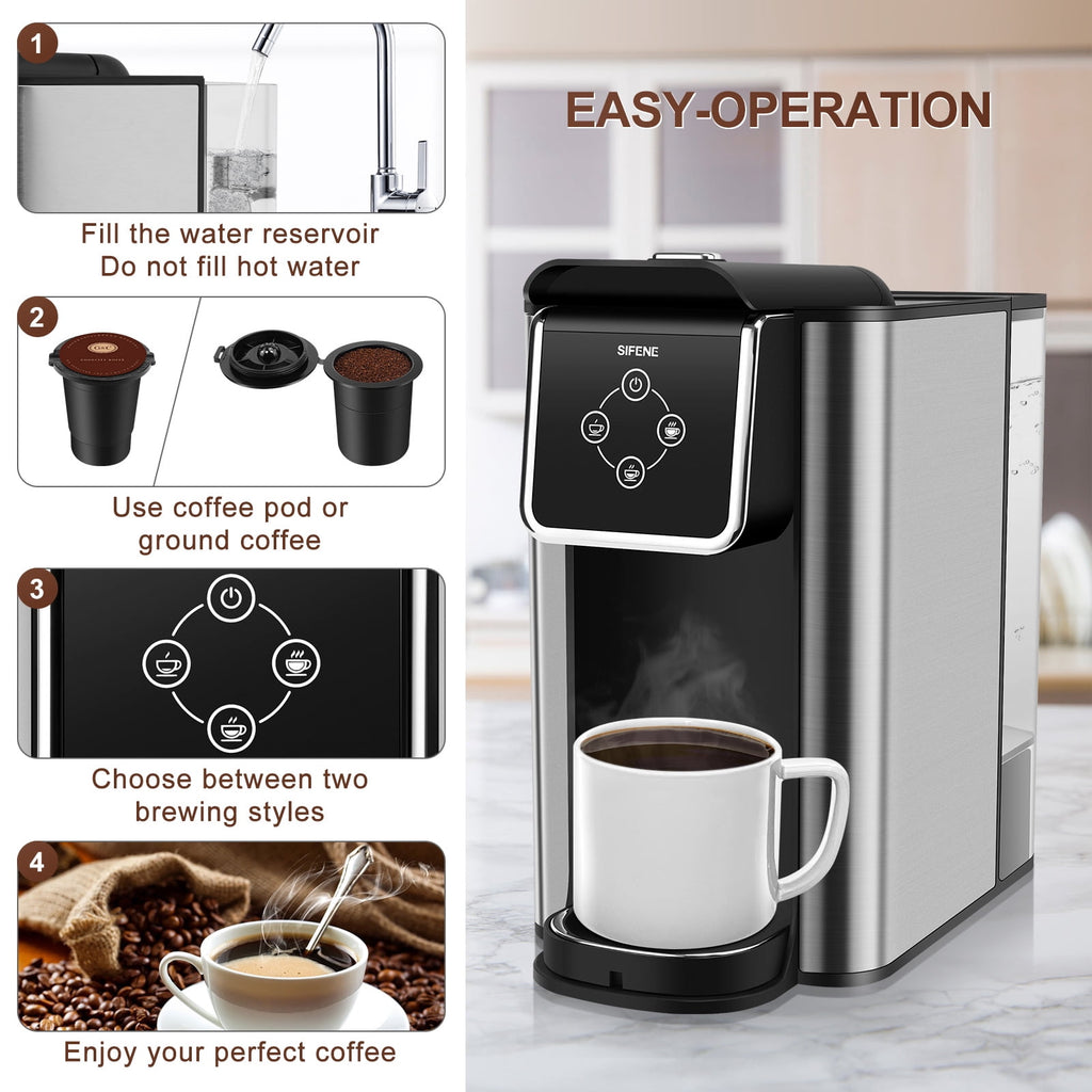 SIFENE 3-in-1 Single Serve Coffee Maker, Compatible with K Cup Capsules & Grounds, Tea Maker, 6-10 Oz Brew Sizes, 50 Oz Removable Reservoir, Fast Brew, Compact Design, 120V 1150W, Black