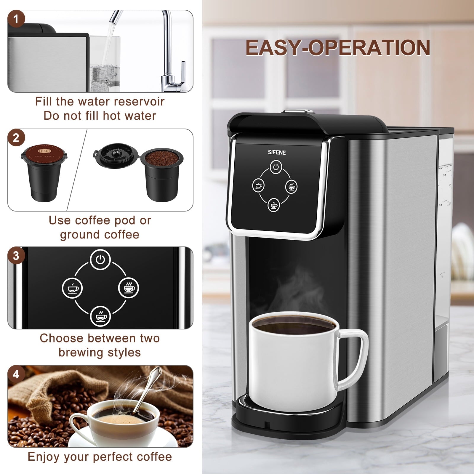 SIFENE 3-in-1 Single Serve Coffee Maker, Compatible with K Cup Capsules & Grounds, Tea Maker, 6-10 Oz Brew Sizes, 50 Oz Removable Reservoir, Fast Brew, Compact Design, 120V 1150W, Black