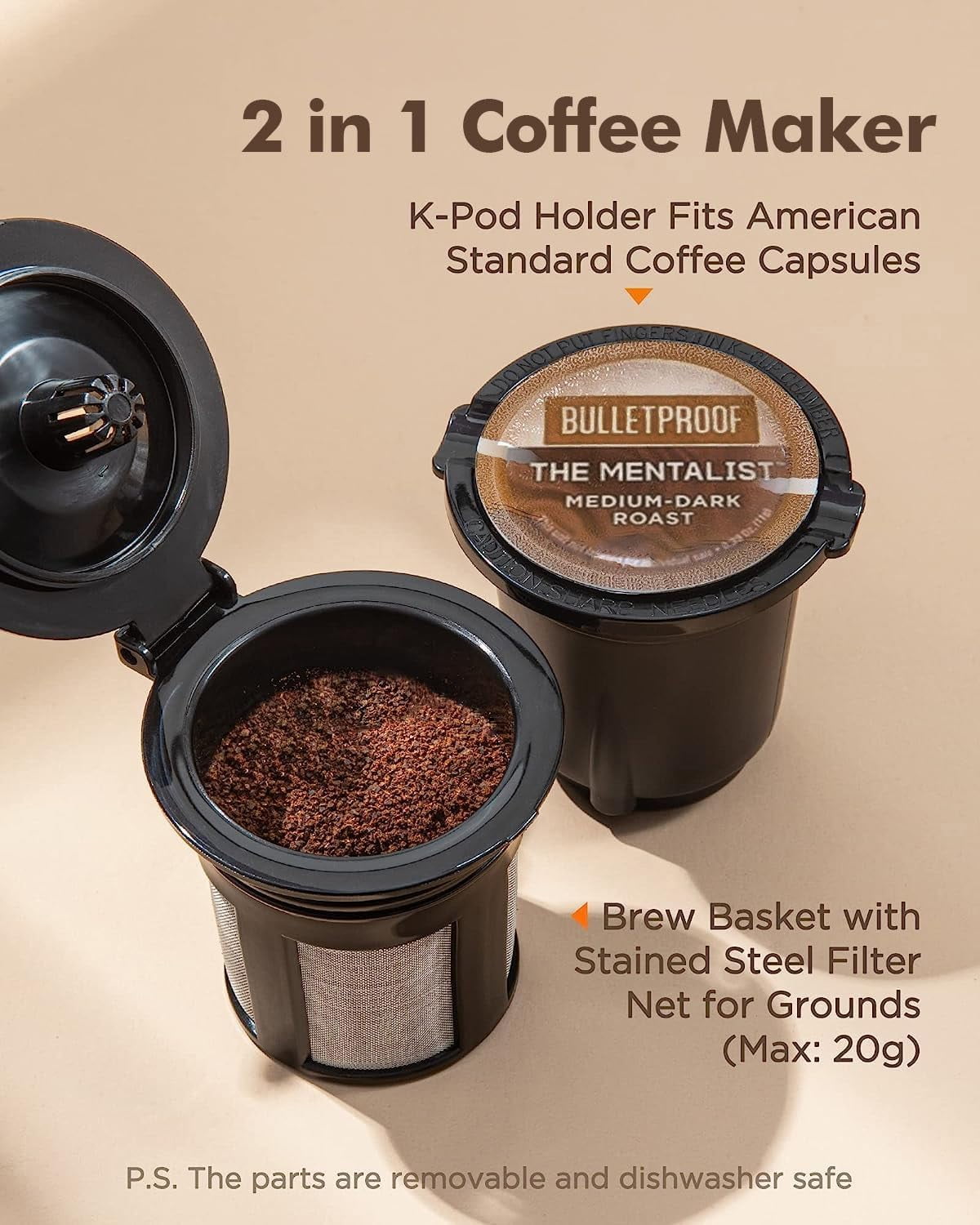 SIFENE 2-in-1 Single Serve Coffee Maker, Compatible with K-Pods & Grounds, Fast Brew, Compact Design, 6-12oz