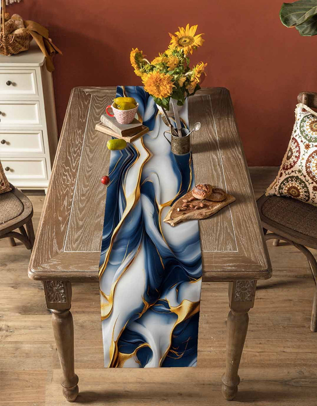 Navy Blue Marble Table Runner 120 Inches Long for Dining Table Decor,Gold Modern Granite Surface Motif Sketch Burlap Linen Farmhouse Table Runner Coffee Table Runners for Kitchen Party Holiday