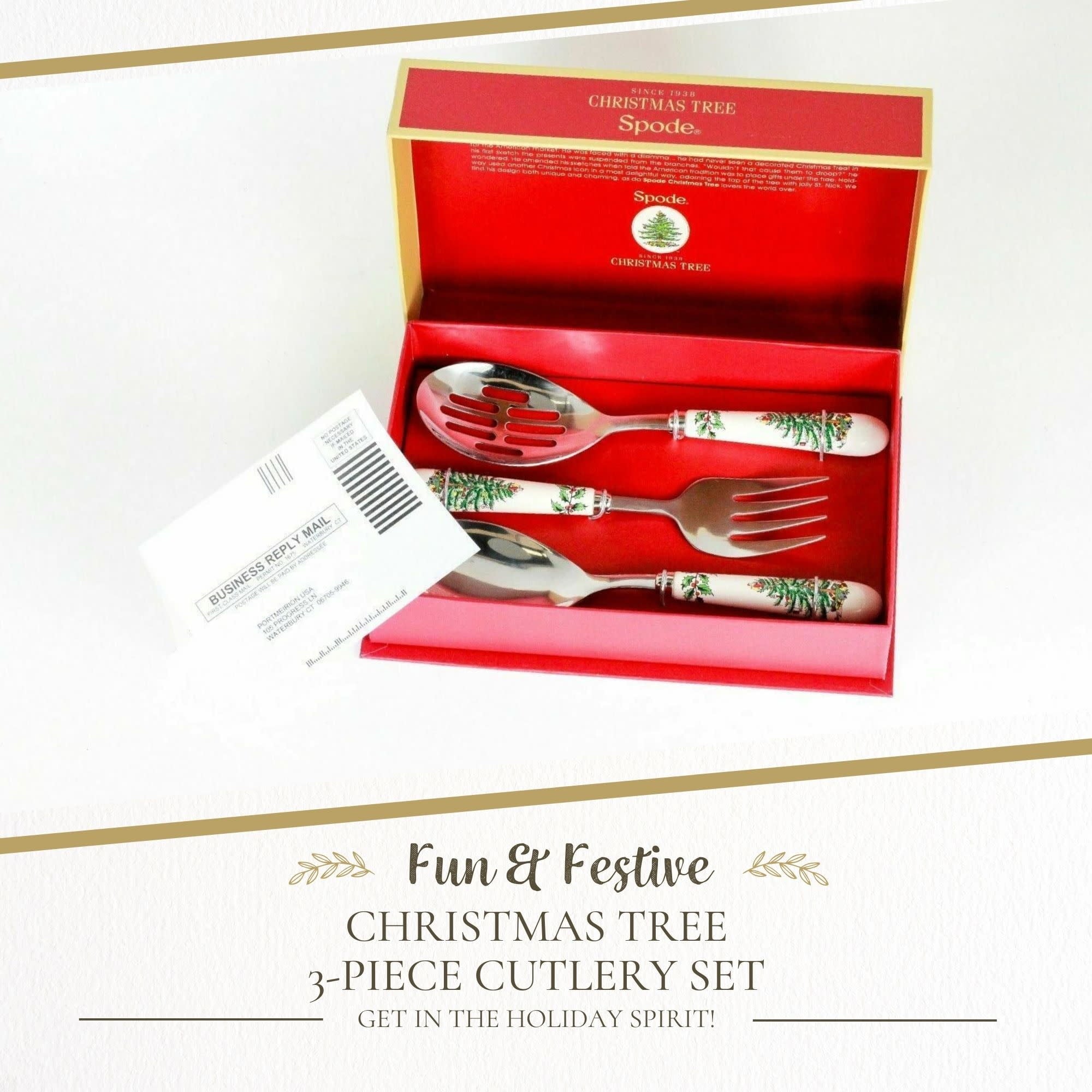 Spode Christmas Tree 3-Piece Stainless Steel Cutlery Set - Porcelain Handle Flatware with Meat Fork, Serving Spoon, & Slotted Spoon - Holiday Silverware for Christmas Dinners & Seasonal Gatherings
