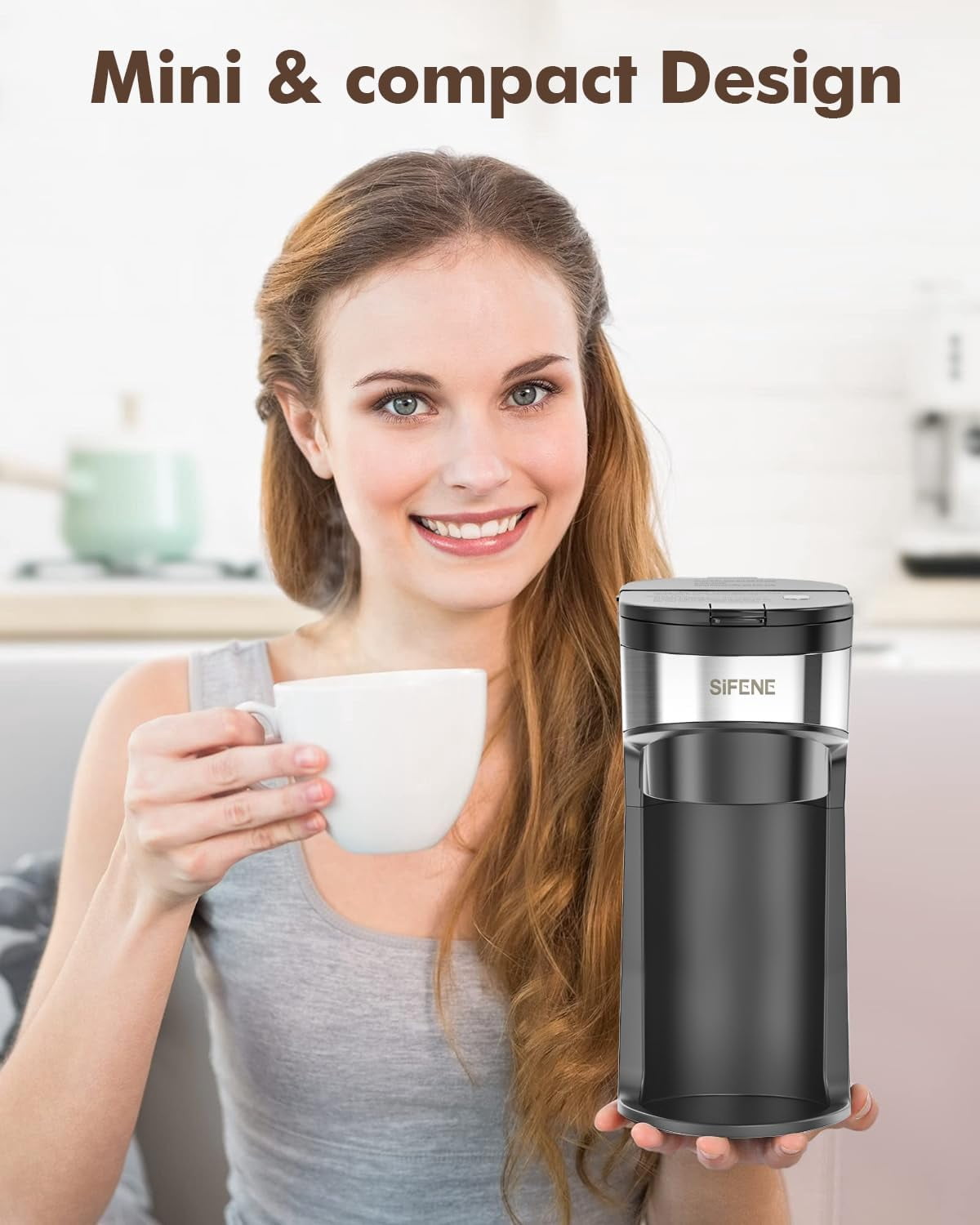 SiFENE Mini 2-in-1 Single Serve Coffee Maker - K Cup & Ground, Descaling, Red