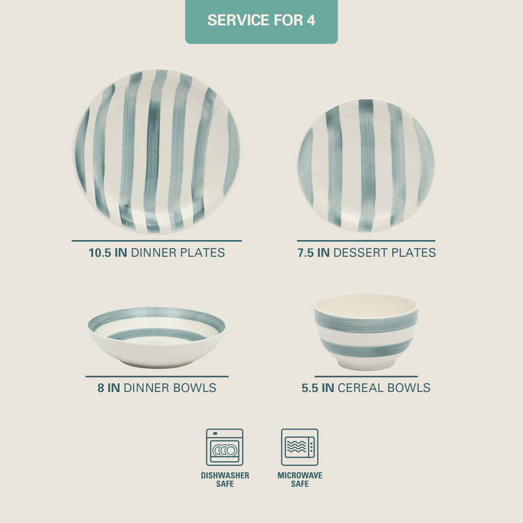 Gibson Home Kenwood Shores 16 Piece Stoneware Dinnerware Set, Hand-Painted Plates and Bowls, Service for 4 - Blue Striped