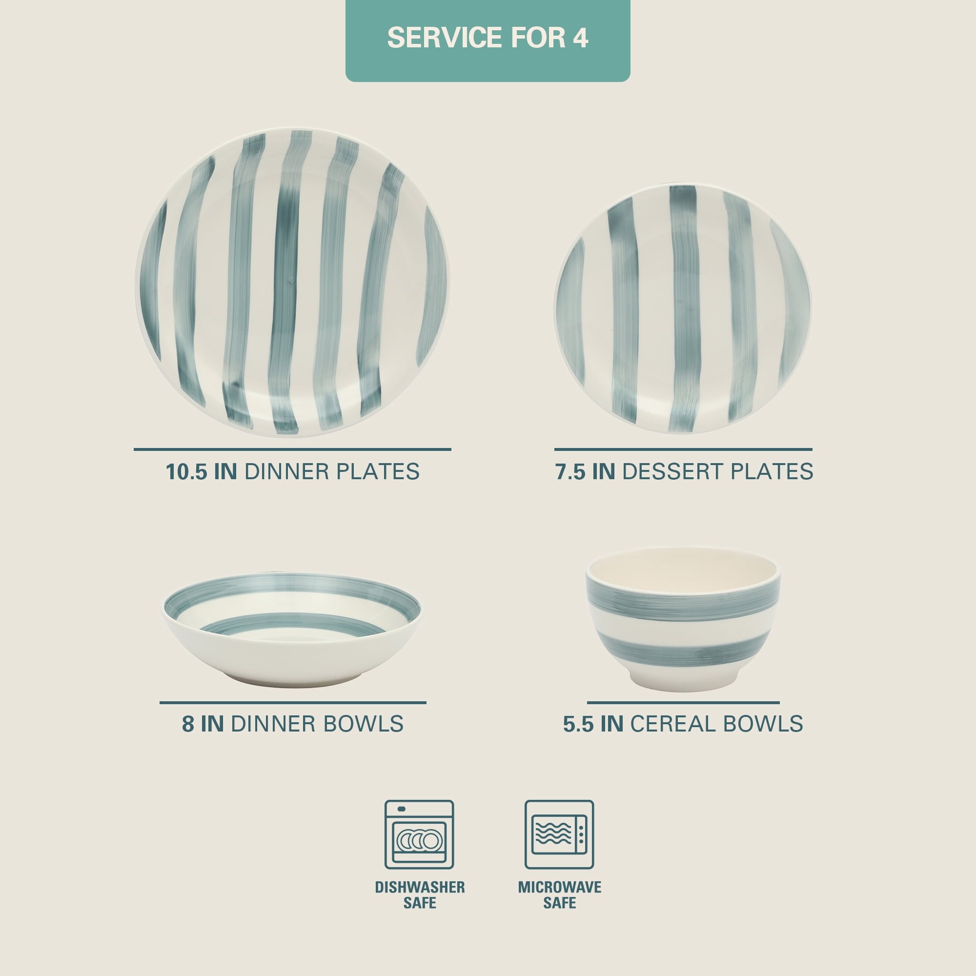 Gibson Home Kenwood Shores 16 Piece Stoneware Dinnerware Set, Hand-Painted Plates and Bowls, Service for 4 - Blue Striped