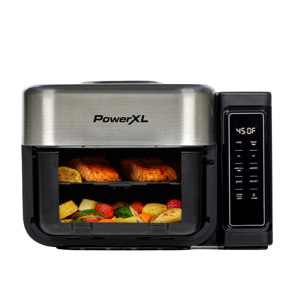 PowerXL 6.3 Quart AirMax Air Fryer Oven with Four Presets and Compact Two-Tier Design, 450F Maximum Temperature, No Preheat Needed
