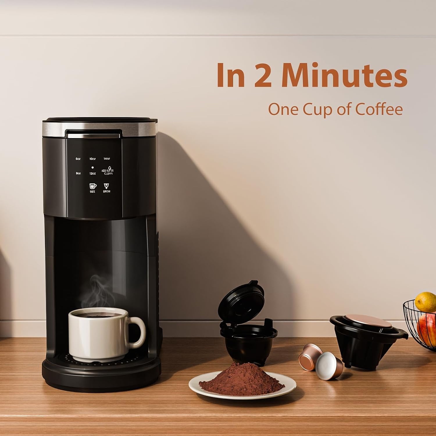 WAA 2 in 1 Single Serve Coffee Maker,Cup/Ground Coffee, 6-14 Oz, 40oz Tank, Auto Clean, Black