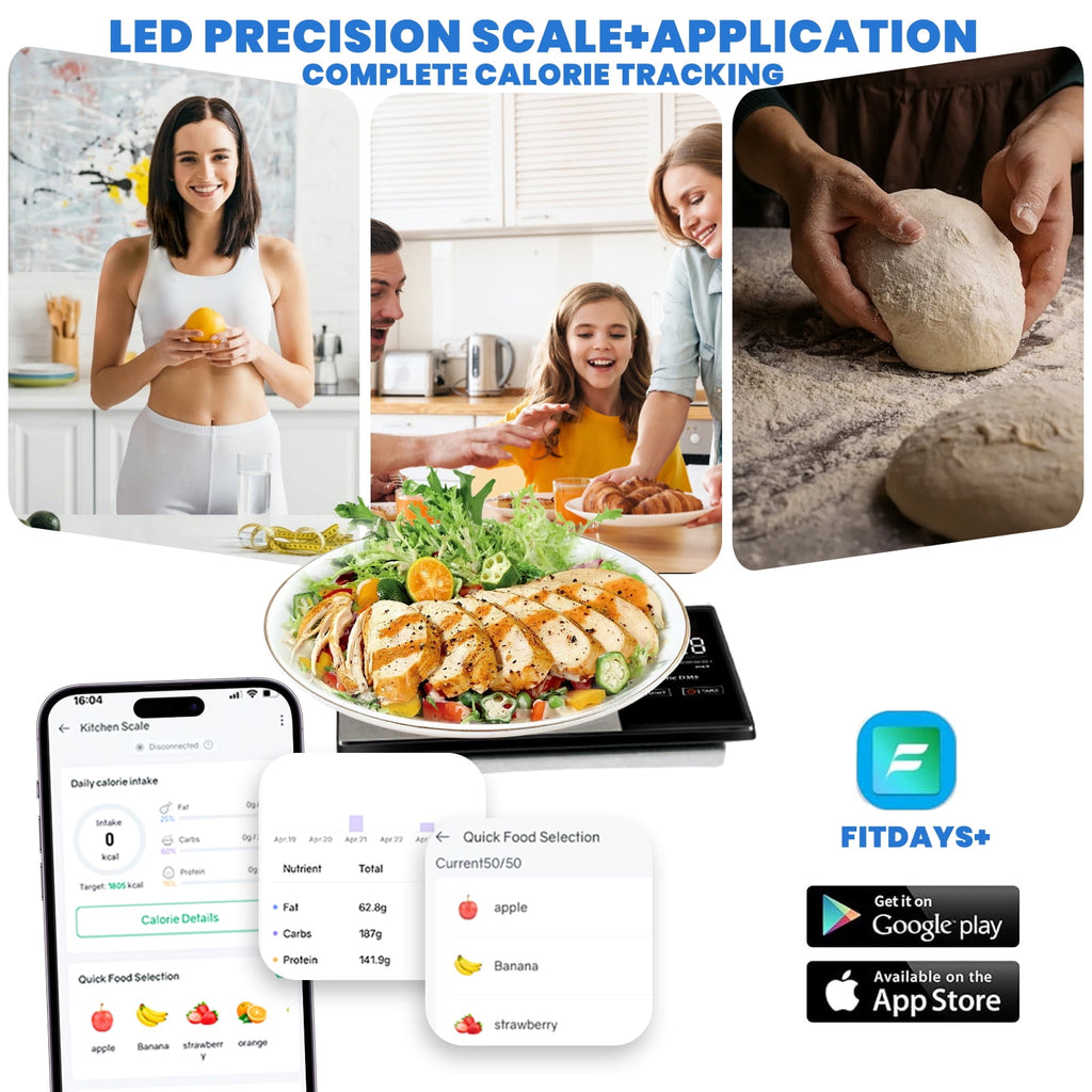 Smart Nutrition Food Scale with LED Touch Display, Tracks Calories, Fat, Carbs & Protein via App, 0.01oz Precision Digital Kitchen Scale for Healthy Eating & Meal Prep(batteries Not included)