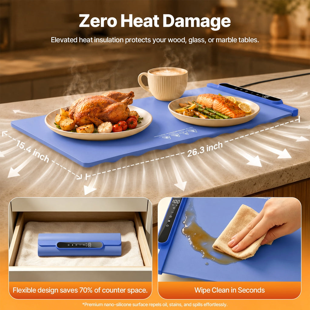 GOLDLEMON Warming Mat for Food, 24"x 16" Electric Warming Tray with 6 Temp Settings & 10H Timer, Auto Shut-Off, 300W Full Surface Heating for Buffet & Home, Blue
