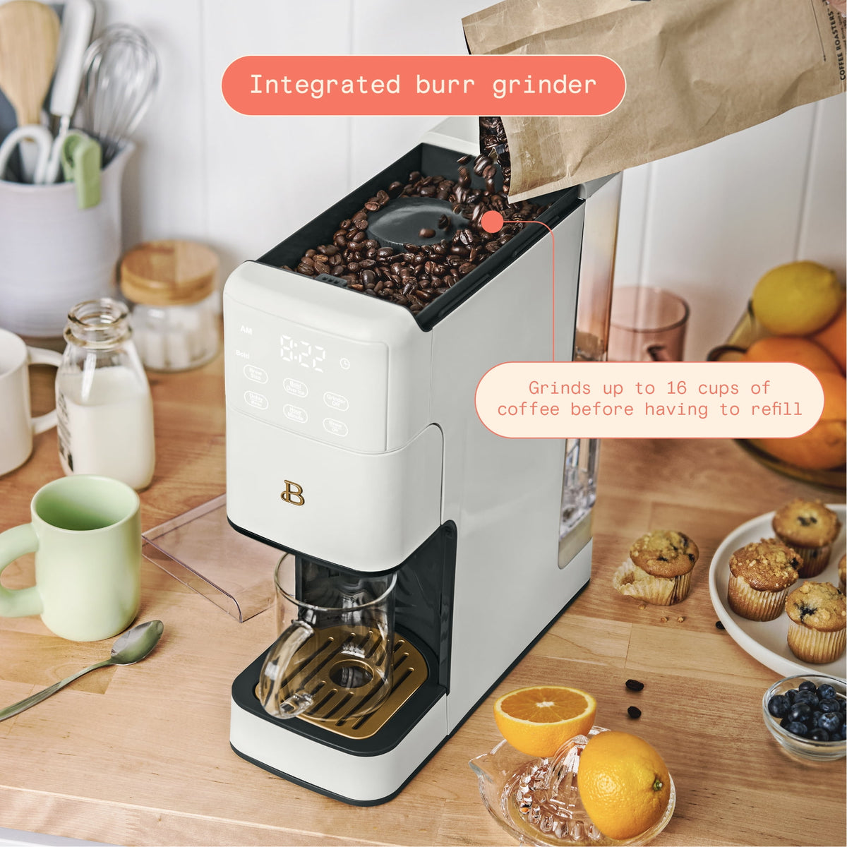 Beautiful Perfect Grind™ Programmable Single Serve Coffee Maker with Build-In Grinder, White Icing by Drew Barrymore