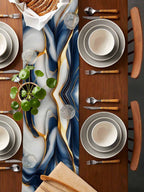 Navy Blue Marble Table Runner 120 Inches Long for Dining Table Decor,Gold Modern Granite Surface Motif Sketch Burlap Linen Farmhouse Table Runner Coffee Table Runners for Kitchen Party Holiday