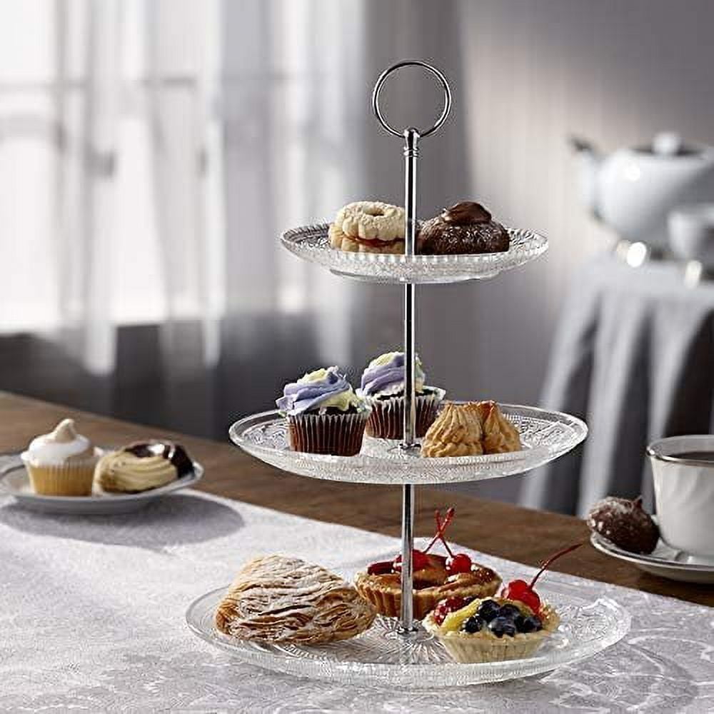 Royalty Art 3-Tiered Serving Stand (Glass) Beautiful, Elegant Dishware Serve Snacks, Appetizers, Cakes, Candies Durable, Reusable Party or Holiday Hosting (SILVER)