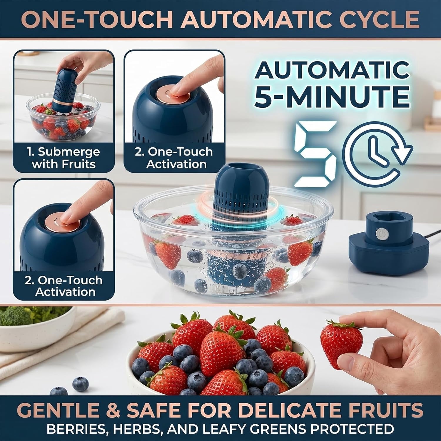 Pure pod Produce Cleaner - Portable Fruit and Vegetable Washing Machine, IPX7 Waterproof Cordless Device for Berries&Meat,OH-ion Food Purifier for Deep Cleaning ,Stainless steel electrode