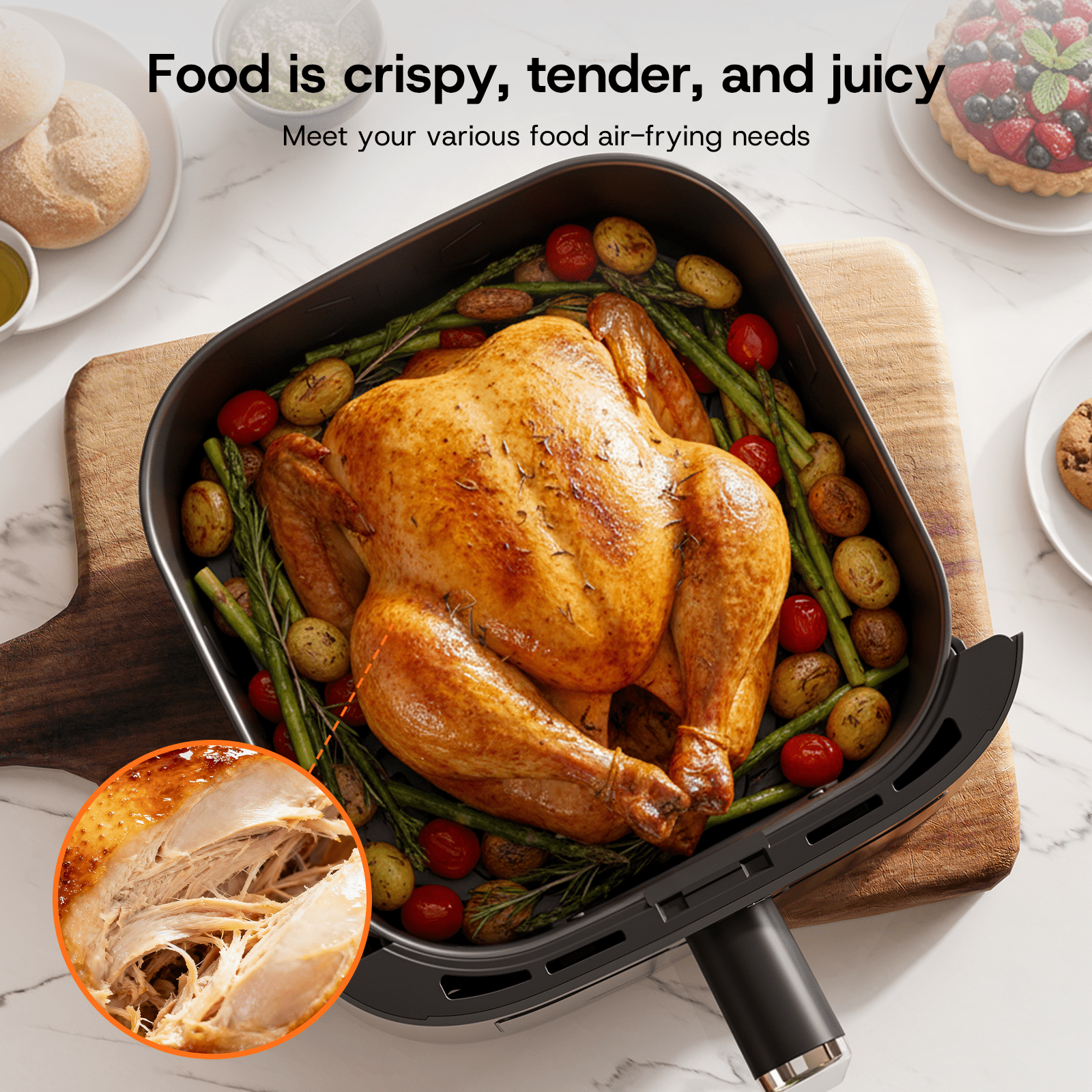 6QT Air Fryer, 1400W Compact Toaster Oven, Crisps, Broils, Roasts, Dehydrates, Bakes, Reheats, 85 percent Oil-Less, LED Smart Display, Stainless Steel