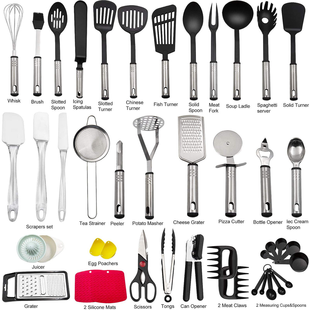 Aertyole Kitchen Utensils Set, 43 PCS Nylon Cooking Utensils Set, Kitchen Spatula Set with Stainless Steel Handles, Heat Resistant Non, Stick Kitchen Gadgets Tools, Pots and Pans Accessories