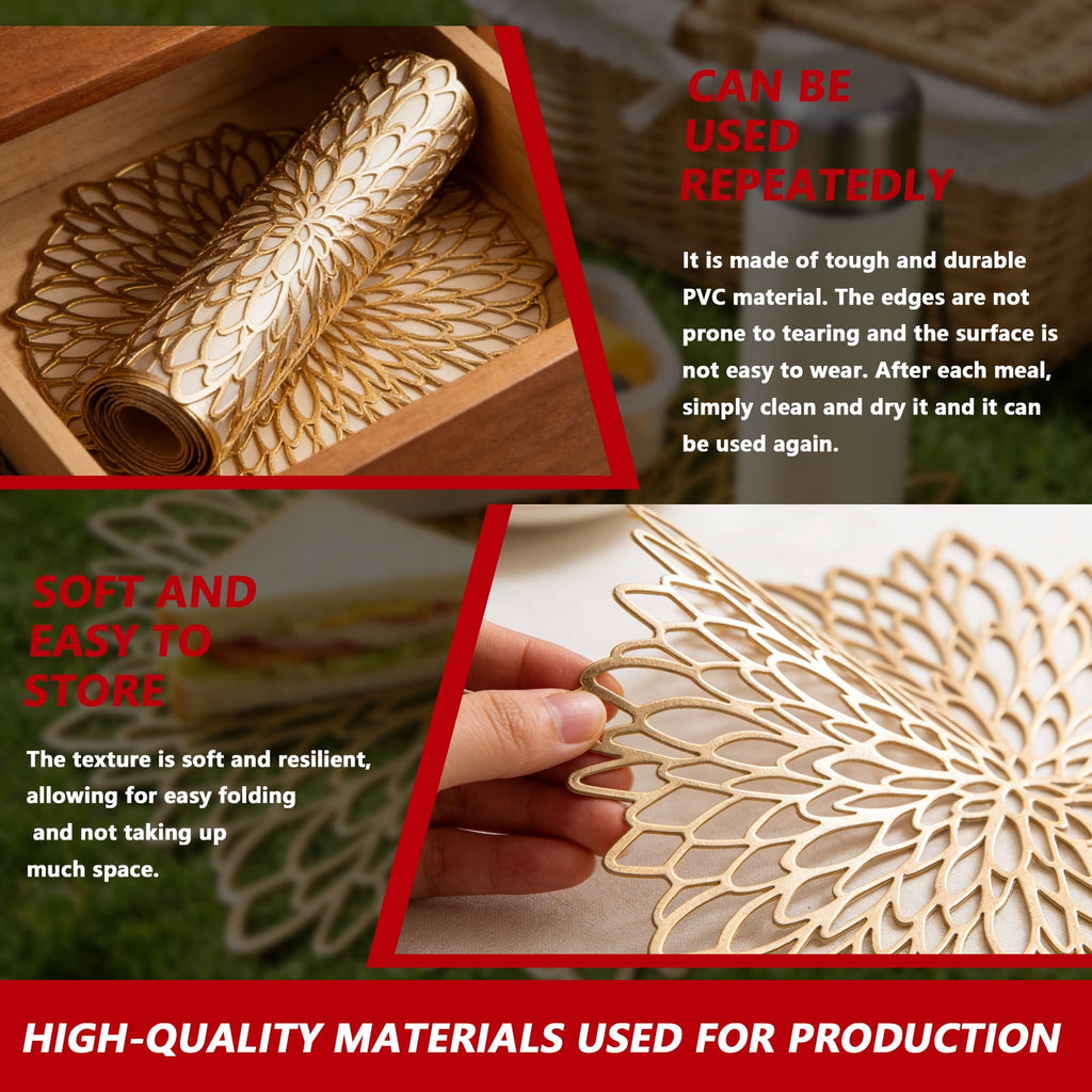 Arcticwind 10-Pack Gold Furonghua PVC Placemats 15 inch Table Place Mats Bulk Decorative Washable and Wipeable Kitchen Place Mat for Table Settings Holiday Wedding Dinner Table Decoration Mat