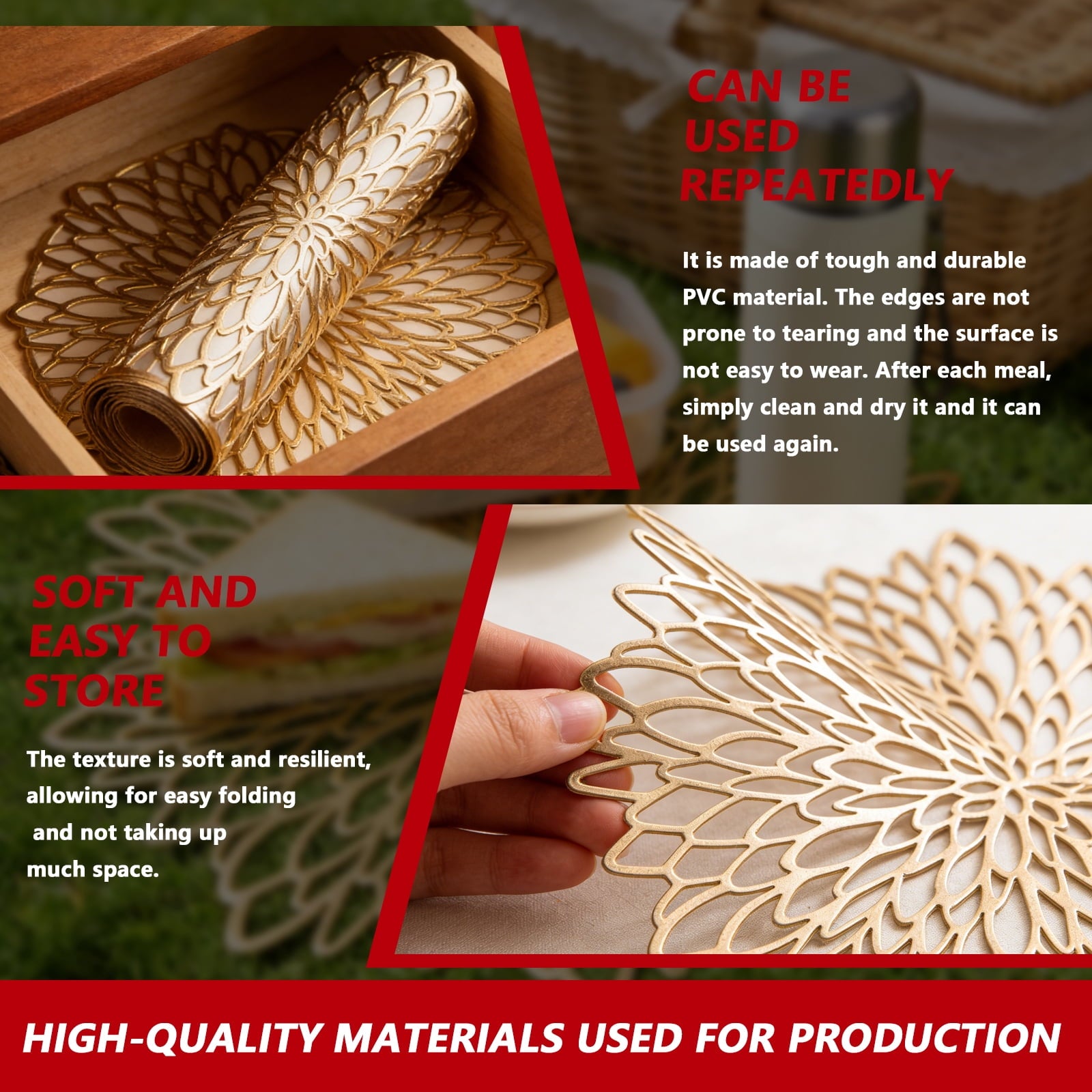 Arcticwind 10-Pack Gold Furonghua PVC Placemats 15 inch Table Place Mats Bulk Decorative Washable and Wipeable Kitchen Place Mat for Table Settings Holiday Wedding Dinner Table Decoration Mat