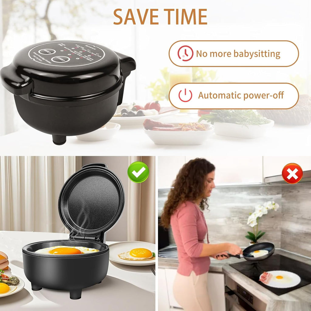Hyvance Smart Fried Egg Cooker, Automatic Fried Egg Maker for 6 Features like Sunny Side Up, Over Easy, Fully Cooked & More. Auto Power Off, Alarm, Round Shape, Non Stick Coating (Black)