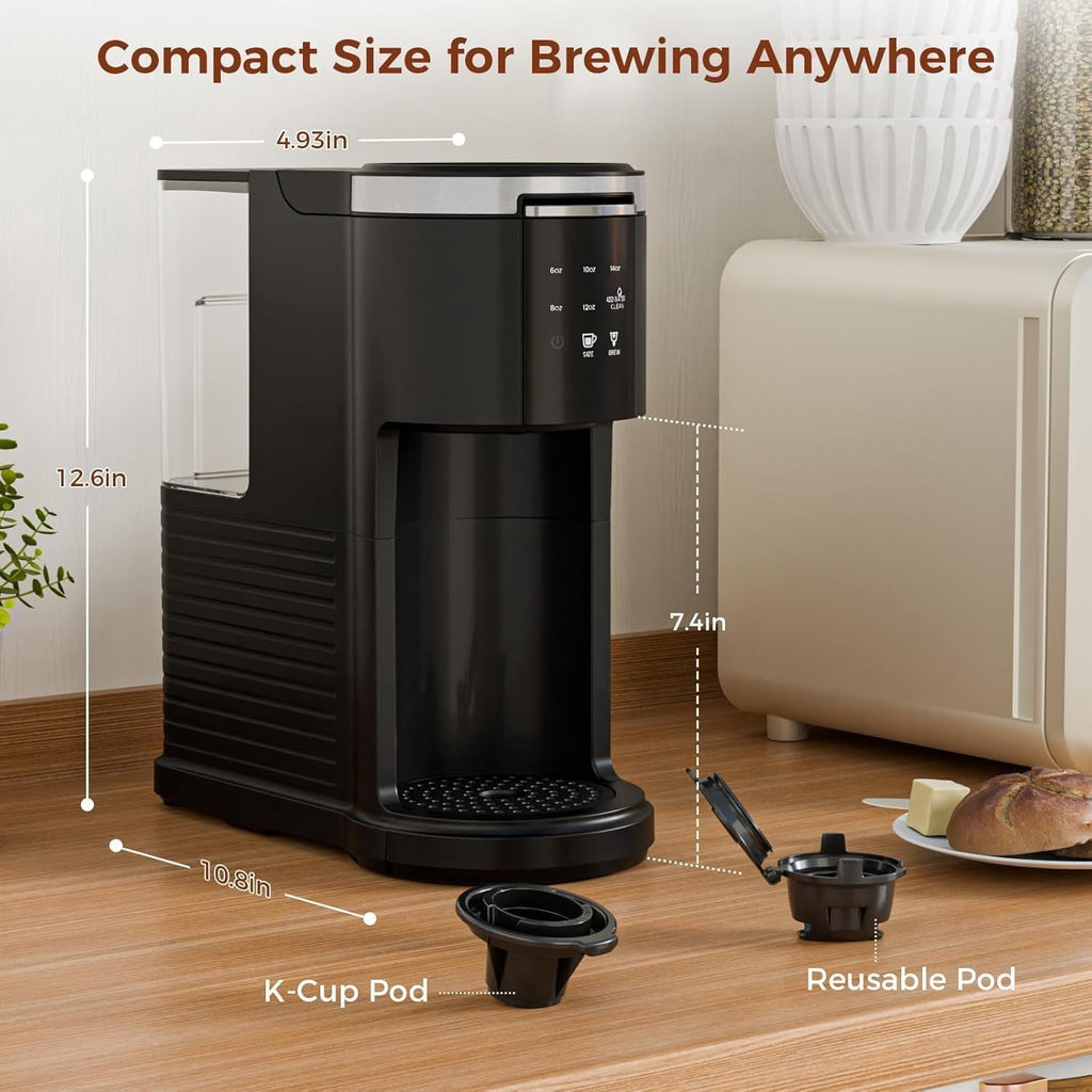 FREE VILLAGE Single Serve Coffee Maker,2 in 1 Pod Coffee Maker Machine for K-Cup & Ground,6 to 14oz Brew Sizes,40oz Removable Water Reservoir,LCD Screen,Self-cleaning,Black
