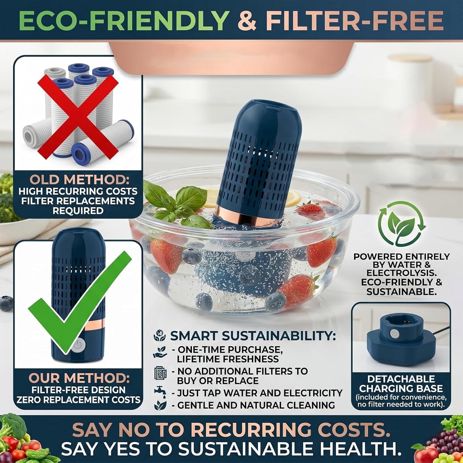 Pure pod Produce Cleaner - Portable Fruit and Vegetable Washing Machine, IPX7 Waterproof Cordless Device for Berries&Meat,OH-ion Food Purifier for Deep Cleaning ,Stainless steel electrode
