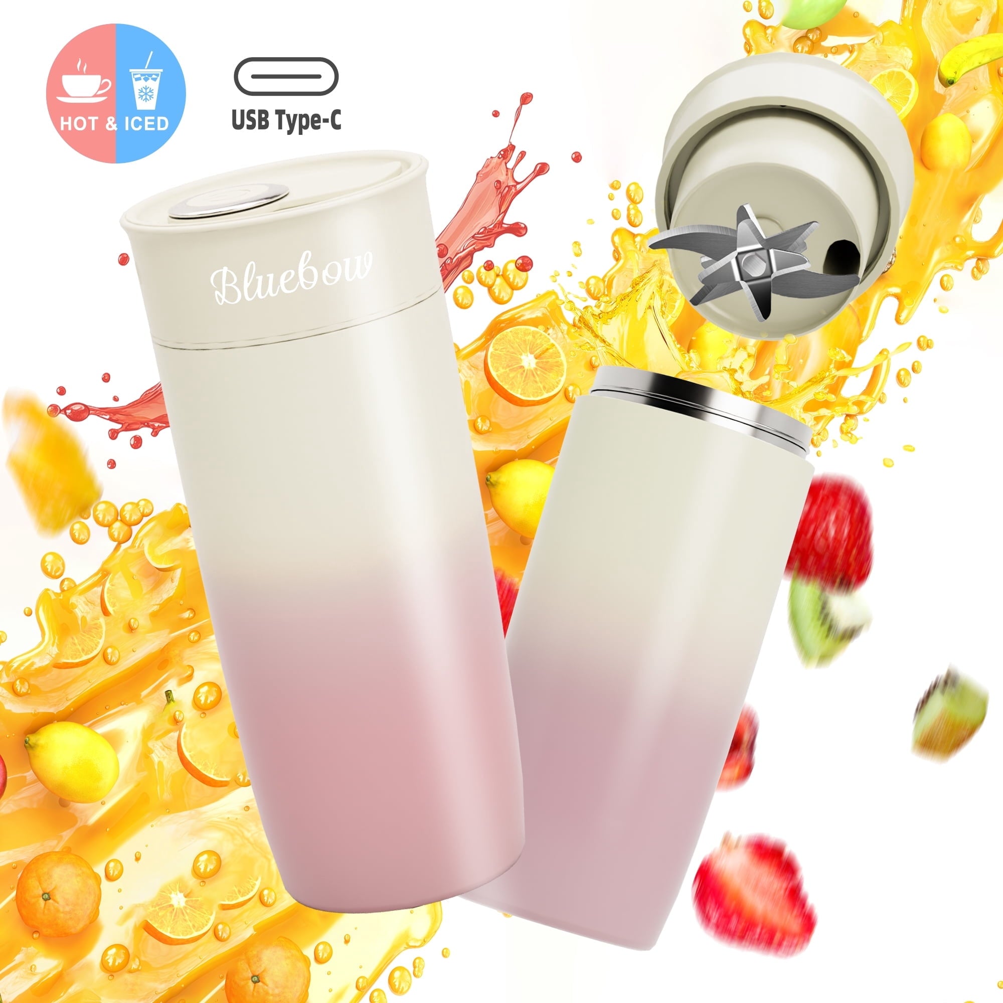 Bluebow Portable Blender for Shakes and Smoothies, Personal Size Blender with Insulated Cup, Cordless 17oz, USB-C Rechargeable, Travel