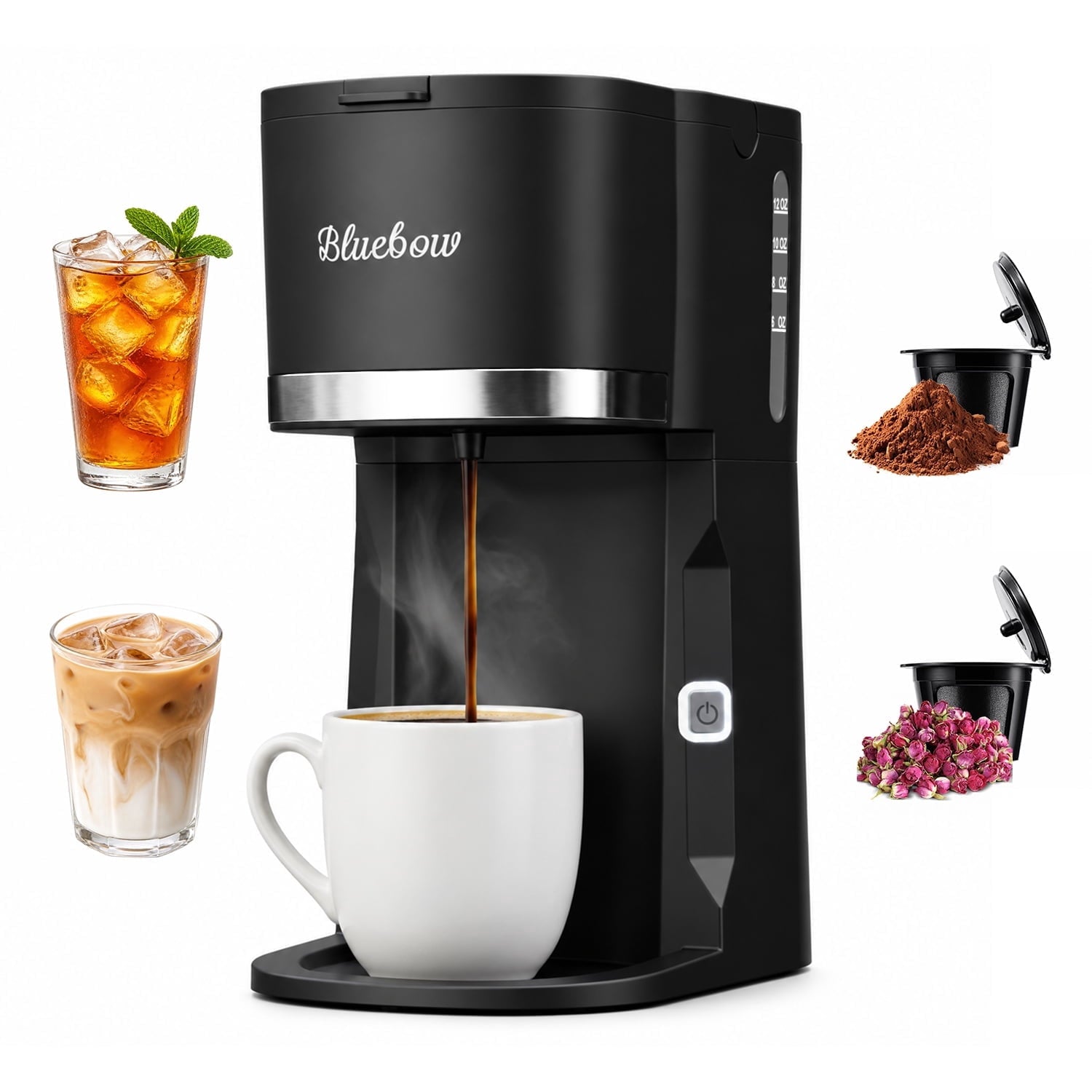 Bluebow Single Serve Coffee Maker, 6-12oz Brew Size for K Cup Pod & Ground Coffee& Tea, Fast Brew One Cup Small Coffee Machine  for Home and Travel, Black