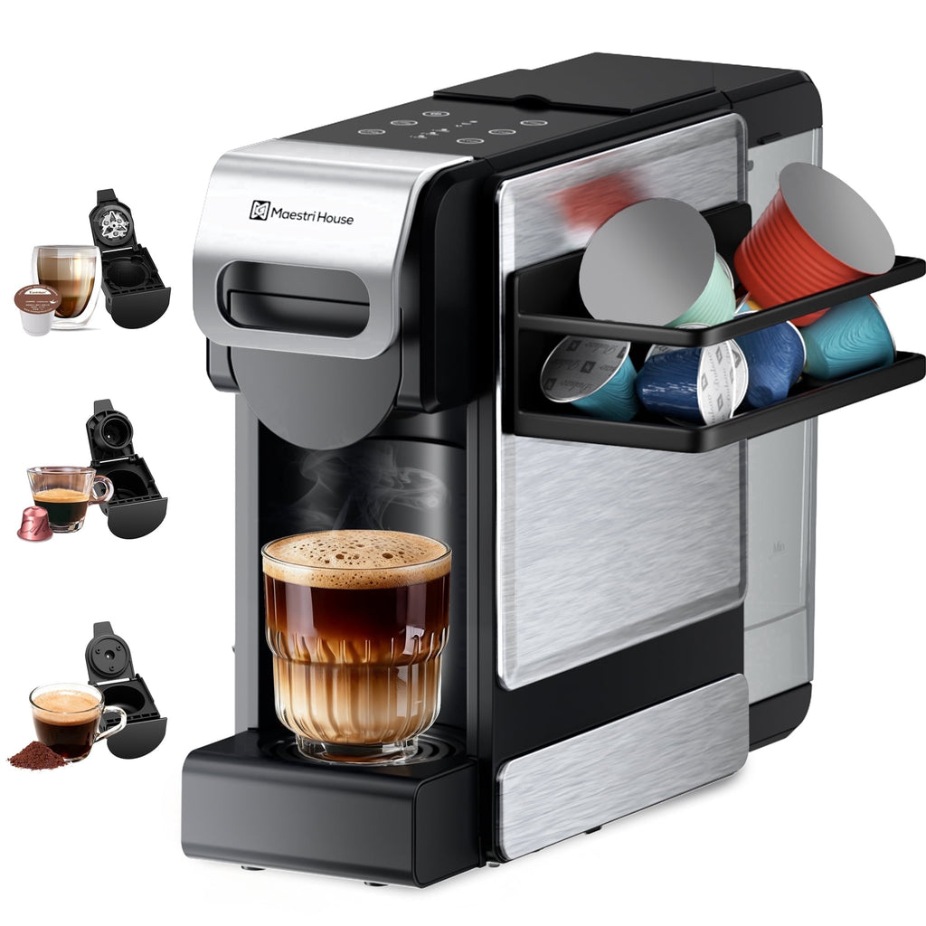 Coffee Maker 3-in-1 Single Serve Coffee Machine, for K-Cup Coffee Capsule Pod, Ground Coffee Powder Brewer, Stainless Steel Design, Sliver