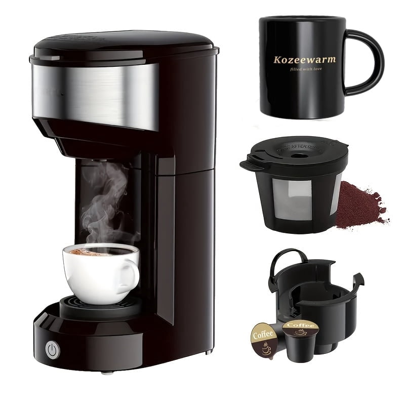 Compact Single Serve Coffee Maker - Brews and Ground Coffee, 6-14oz Reservoir, Space-Saving Design for Home or Office - Perfect for Small Kitchens