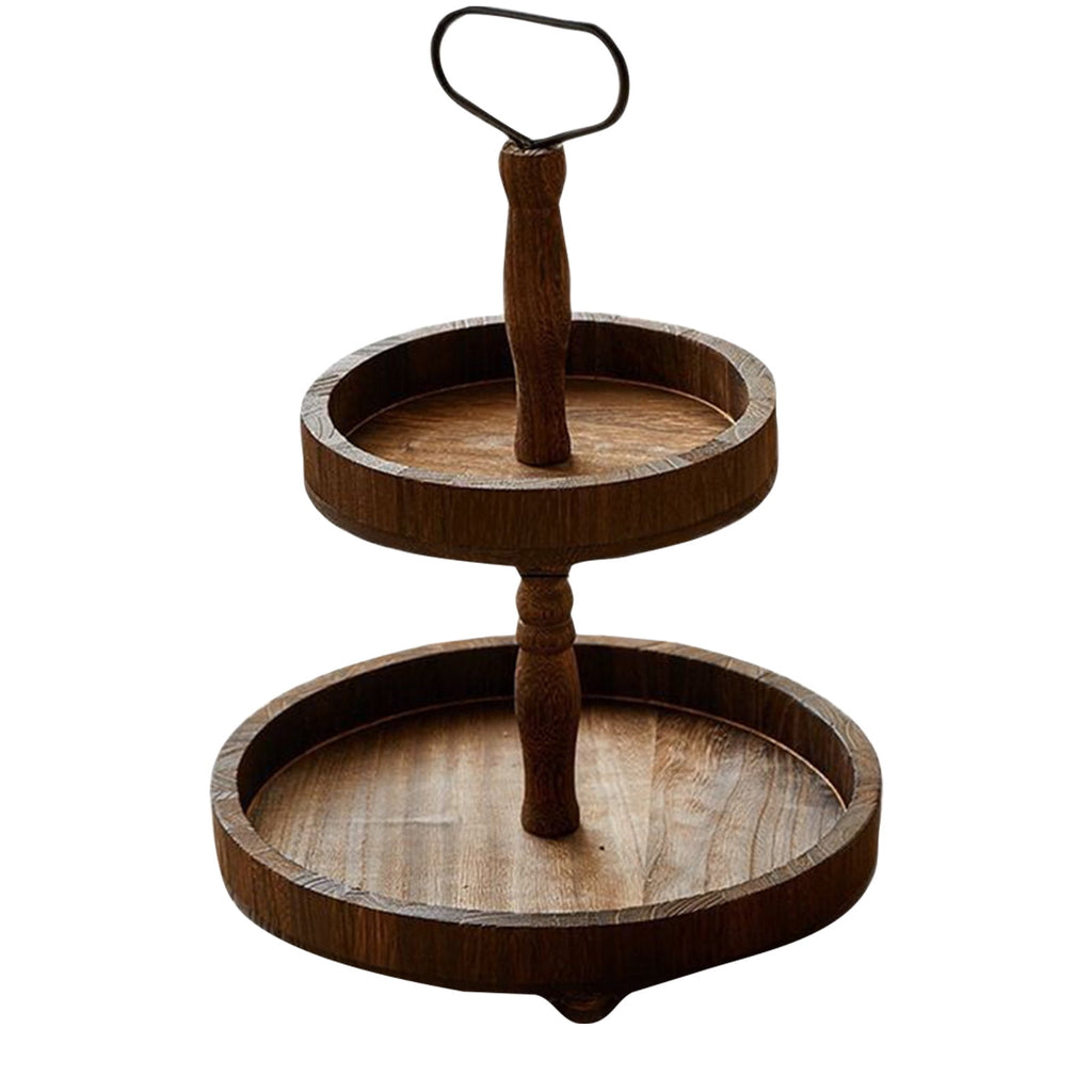 Double Tier Wooden Tray Stand, Rustic Decorative Serving & Display Tray, Seasonal Holiday Tiered Organizer For Home Kitchen Living Room Entryway