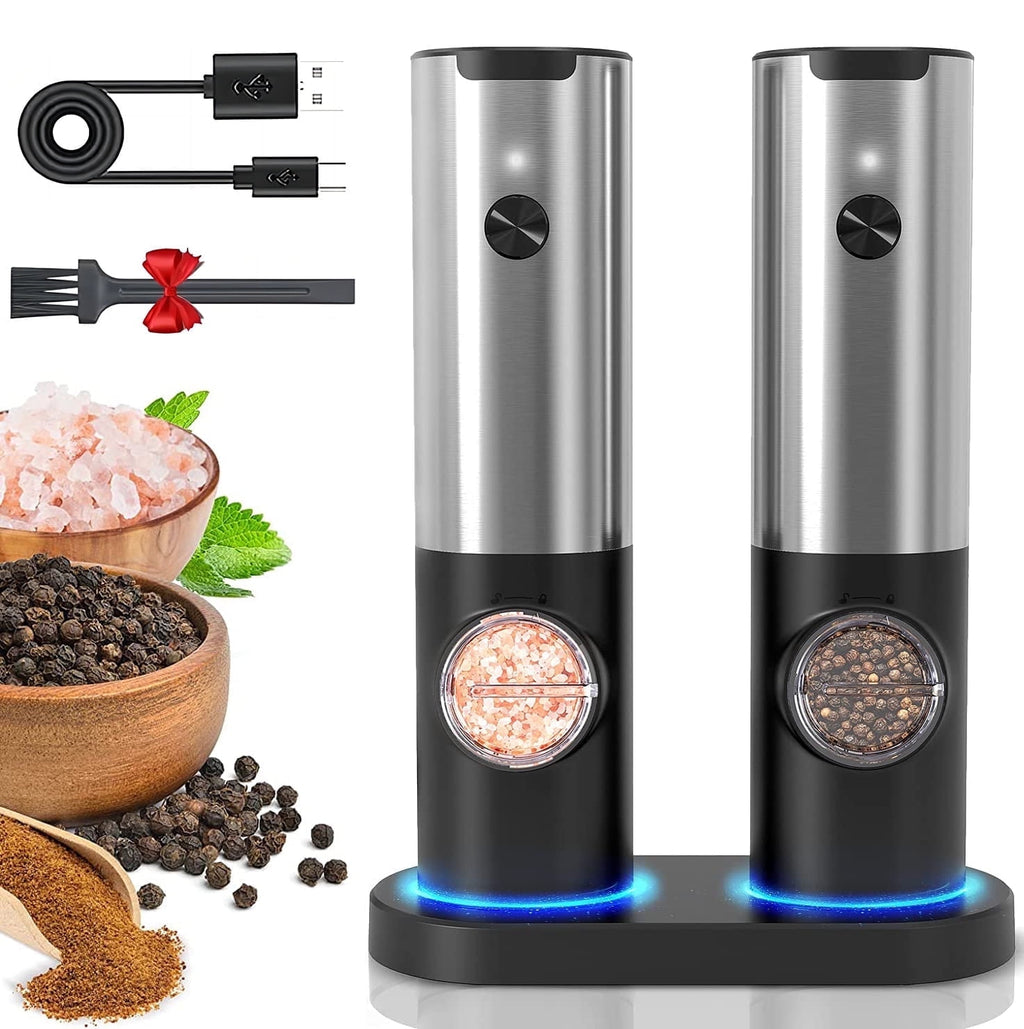 Electric Salt and Pepper Grinder Set, OGEDNAC Automatic Electronic Spice Mill Shakers with USB Rechargeable, LED Light, Adjustable Coarseness, One Hand Operated, Stainless Steel