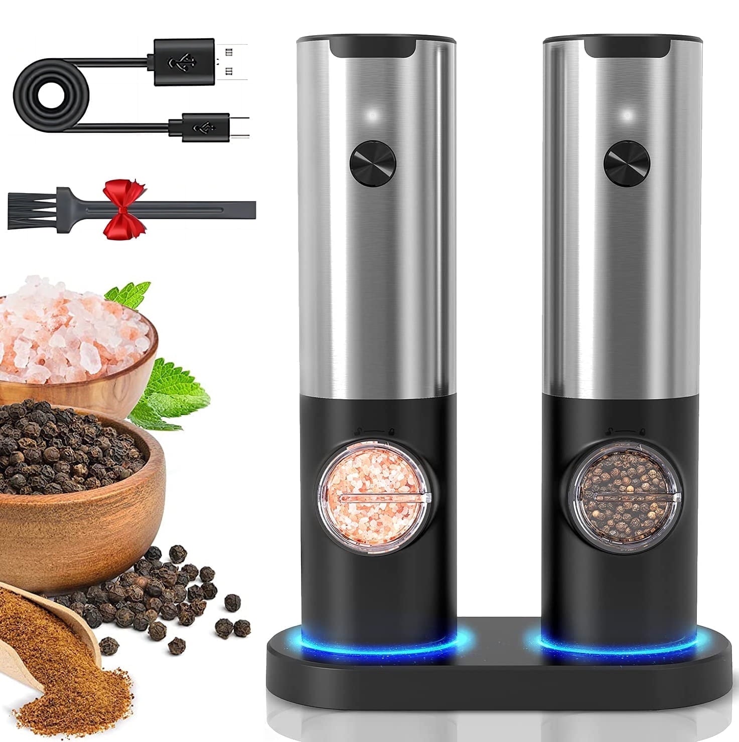 Electric Salt and Pepper Grinder Set, OGEDNAC Automatic Electronic Spice Mill Shakers with USB Rechargeable, LED Light, Adjustable Coarseness, One Hand Operated, Stainless Steel