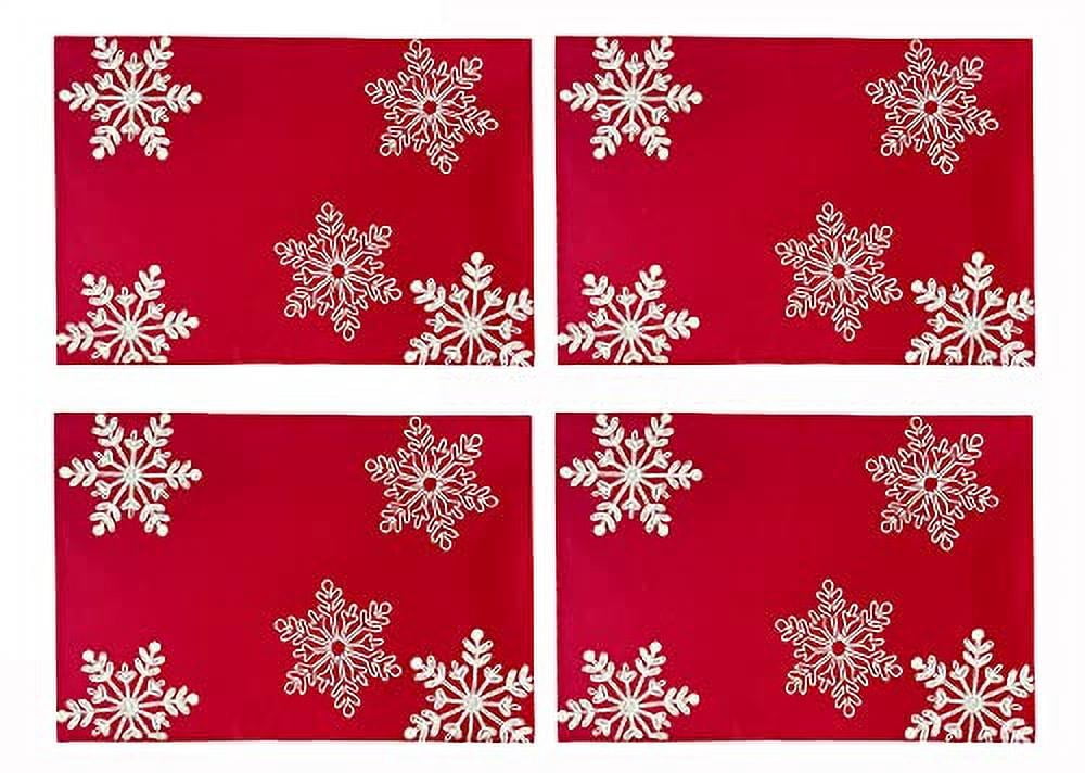 Fennco Styles Holiday Embroidered Snowflake Placemats 13" W x 19" L, Set of 4 - Red Festive Table Mats for Home Décor, Banquet, Family Gathering, Christmas and Special Occasion