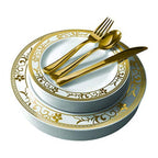 125-Piece White and Gold Floral Fancy Plastic Plates Disposable with Silverware, Elegant Dinnerware for Weddings, Holiday Party China, Set of 25 Dinner + Salad Plates, 25 Spoons, 25 Forks, 25 Knives