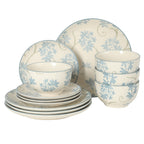 Gibson Home Admiral Hall 12-Piece Matte Stoneware Dinnerware Set – Dinner Plates, Salad Plates & Bowls with Blue Floral Pattern, Durable Everyday Dish Set, Microwave & Dishwasher Safe