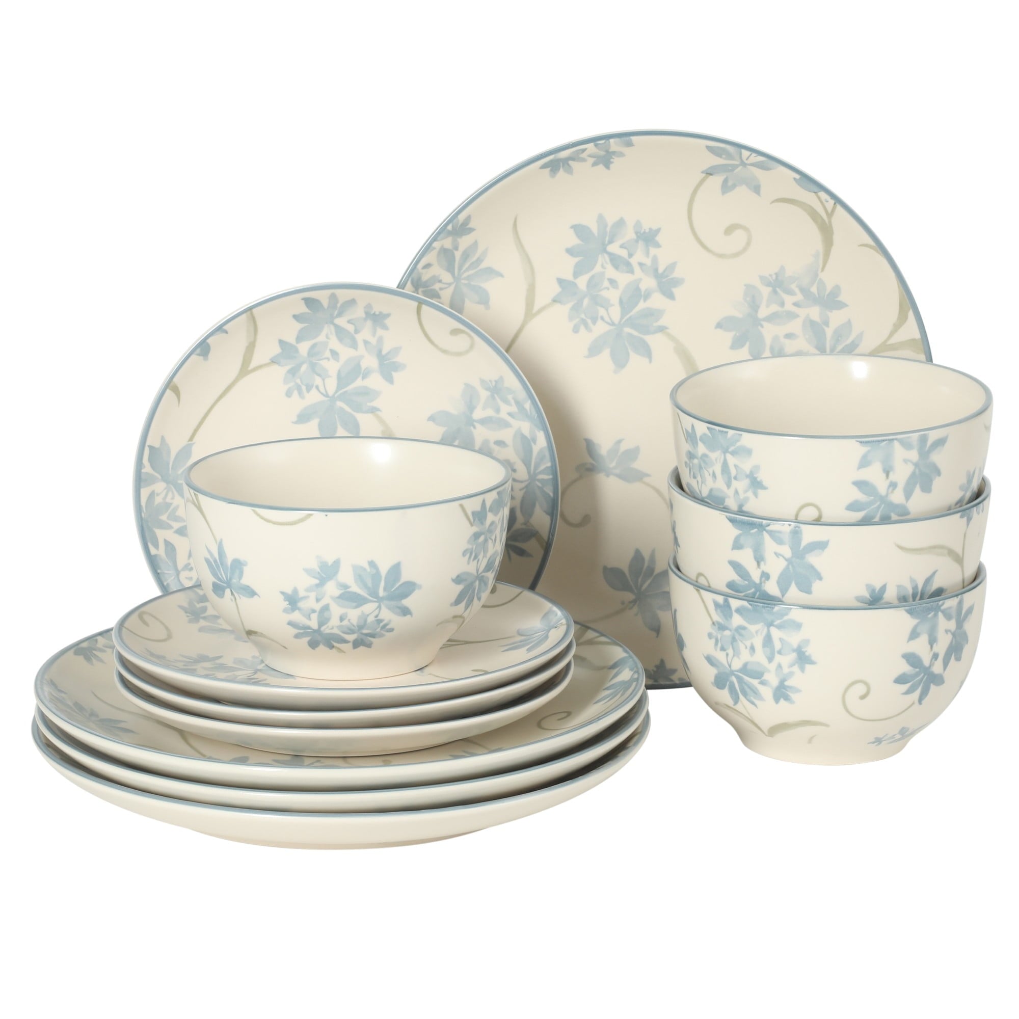 Gibson Home Admiral Hall 12-Piece Matte Stoneware Dinnerware Set – Dinner Plates, Salad Plates & Bowls with Blue Floral Pattern, Durable Everyday Dish Set, Microwave & Dishwasher Safe