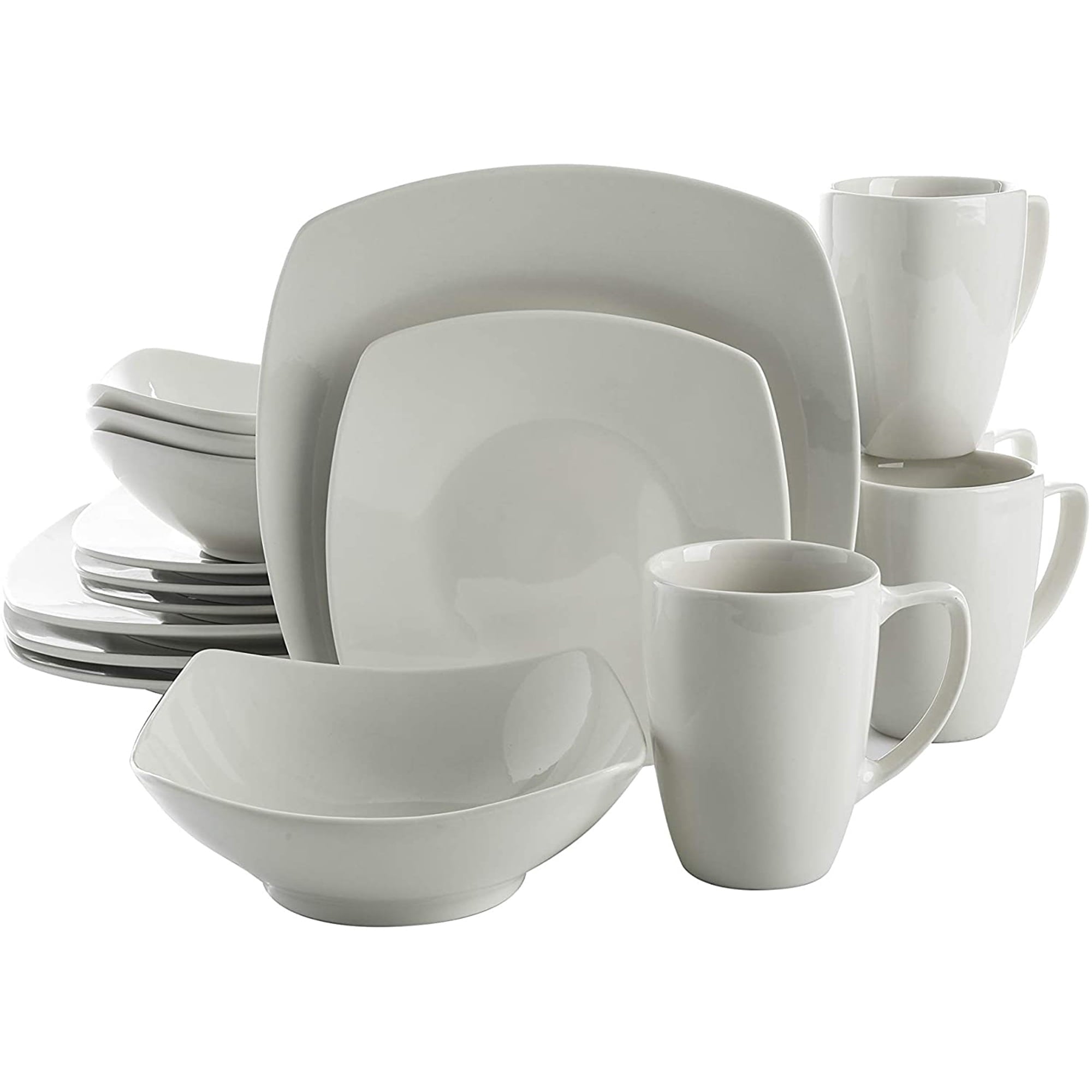 Gibson Home Zen Buffet 16-Piece Porcelain Dinnerware Set, Square Plates & Bowls, Service for 4, White