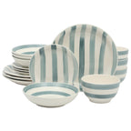 Gibson Home Kenwood Shores 16 Piece Stoneware Dinnerware Set, Hand-Painted Plates and Bowls, Service for 4 - Blue Striped