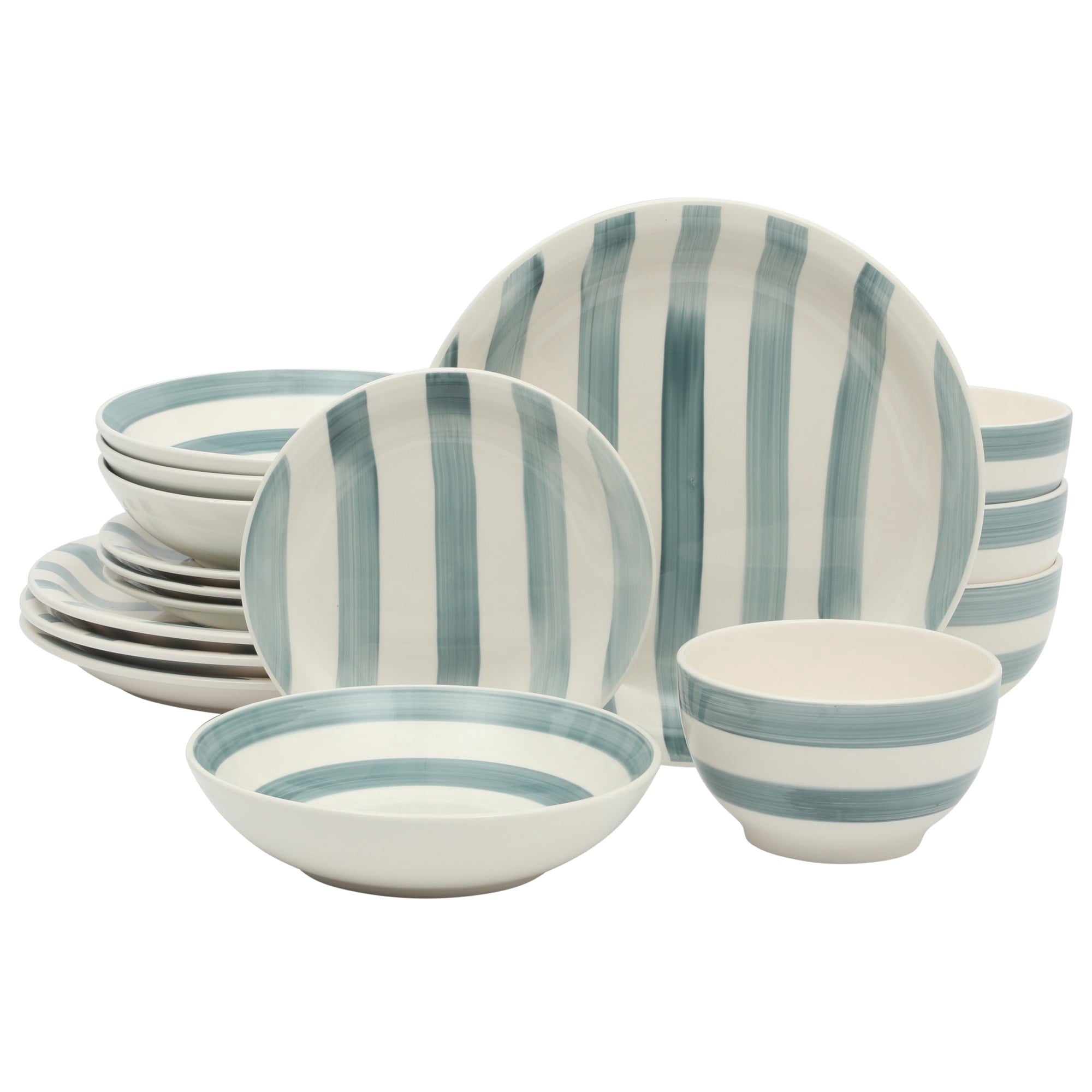 Gibson Home Kenwood Shores 16 Piece Stoneware Dinnerware Set, Hand-Painted Plates and Bowls, Service for 4 - Blue Striped