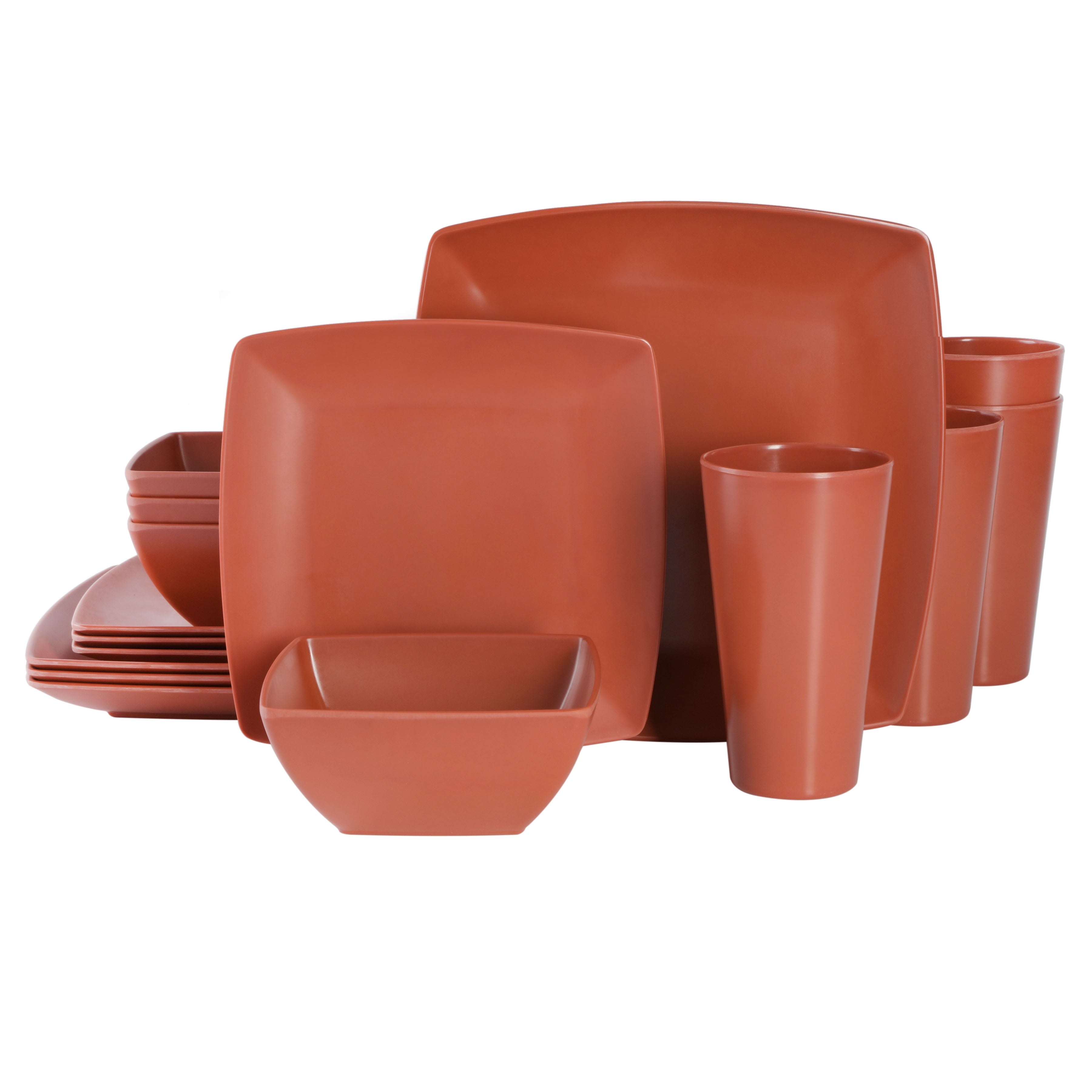 Pastry Reside Home 16 Piece Square Melamine Dinnerware Set Plates, Bowls, & Cups, Grey - Dinnerware Set
