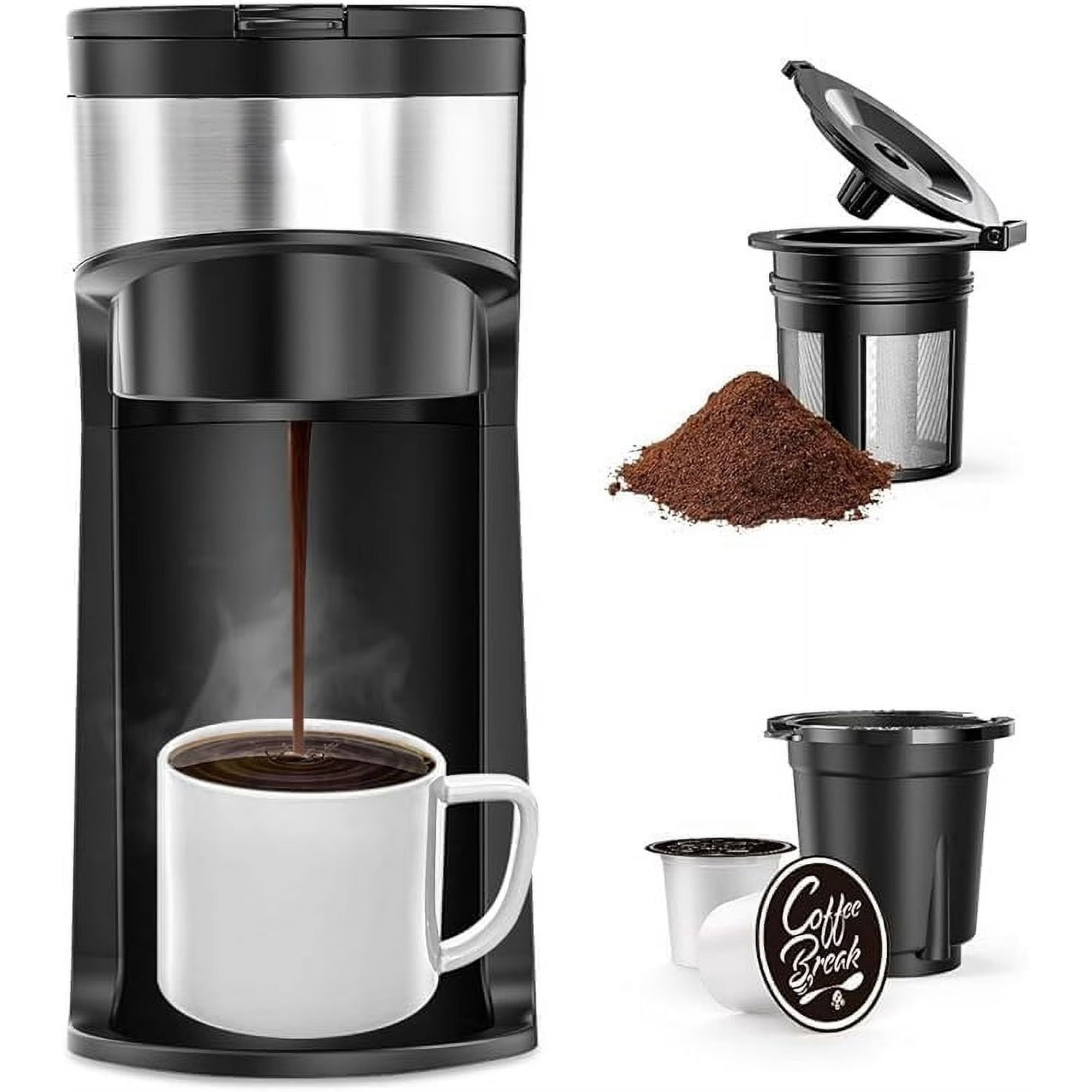 Jesslyn 2-in-1 Single Serve Coffee Maker, Compatible with K-Pods & Grounds, Fast Brew, Compact Design, 6-12oz