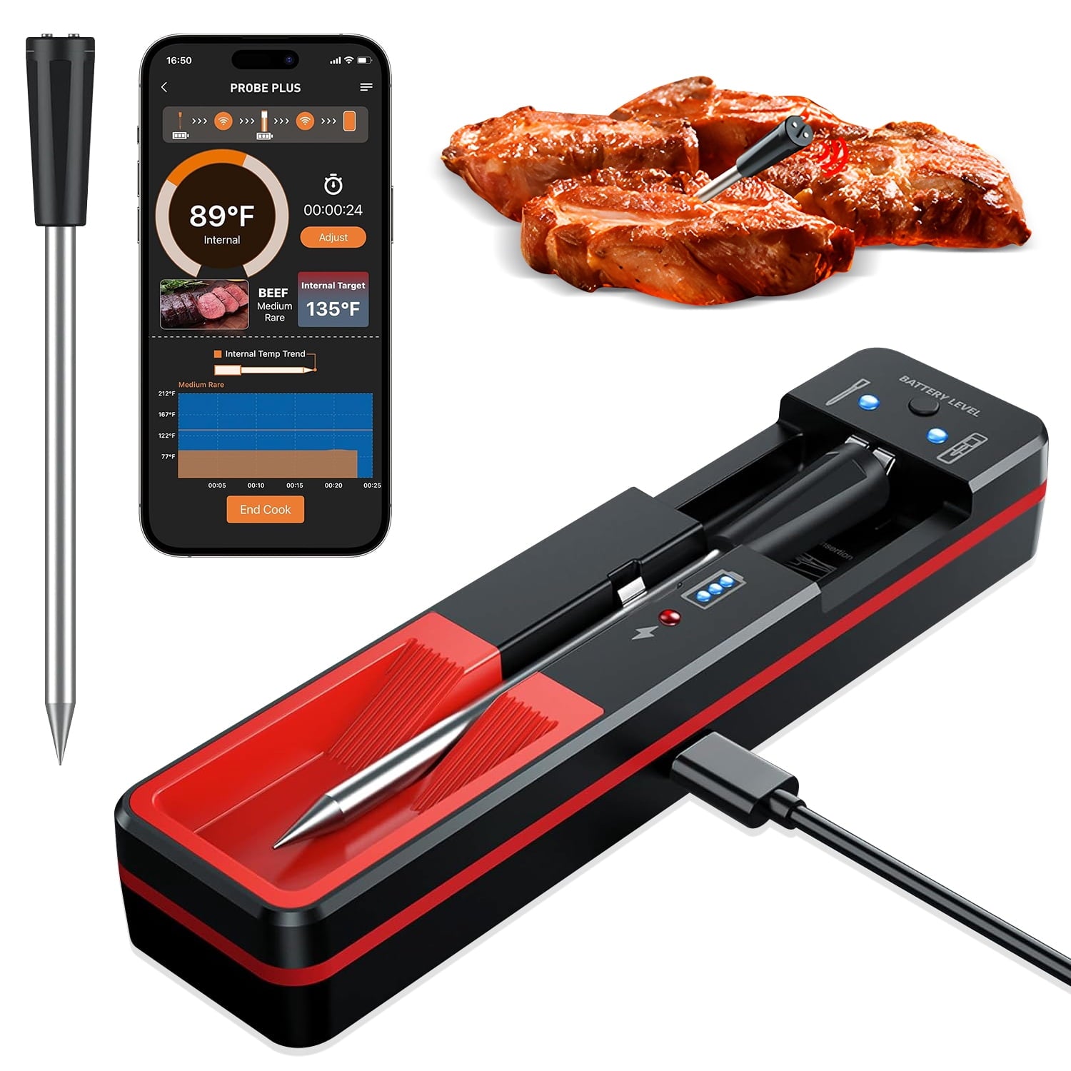 KAIPARA Smart Wireless Meat Thermometer with Ultra-Thin Probe, 24H Probe App Alerts Precise Temp Tracking, 6 Sensors Accuracy Digital Food Thermometer 0.5S Instant Read, for BBQ, Grill, Oven, Air Fry