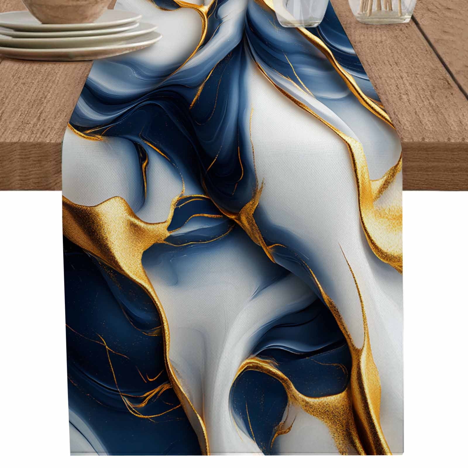 Navy Blue Marble Table Runner 120 Inches Long for Dining Table Decor,Gold Modern Granite Surface Motif Sketch Burlap Linen Farmhouse Table Runner Coffee Table Runners for Kitchen Party Holiday
